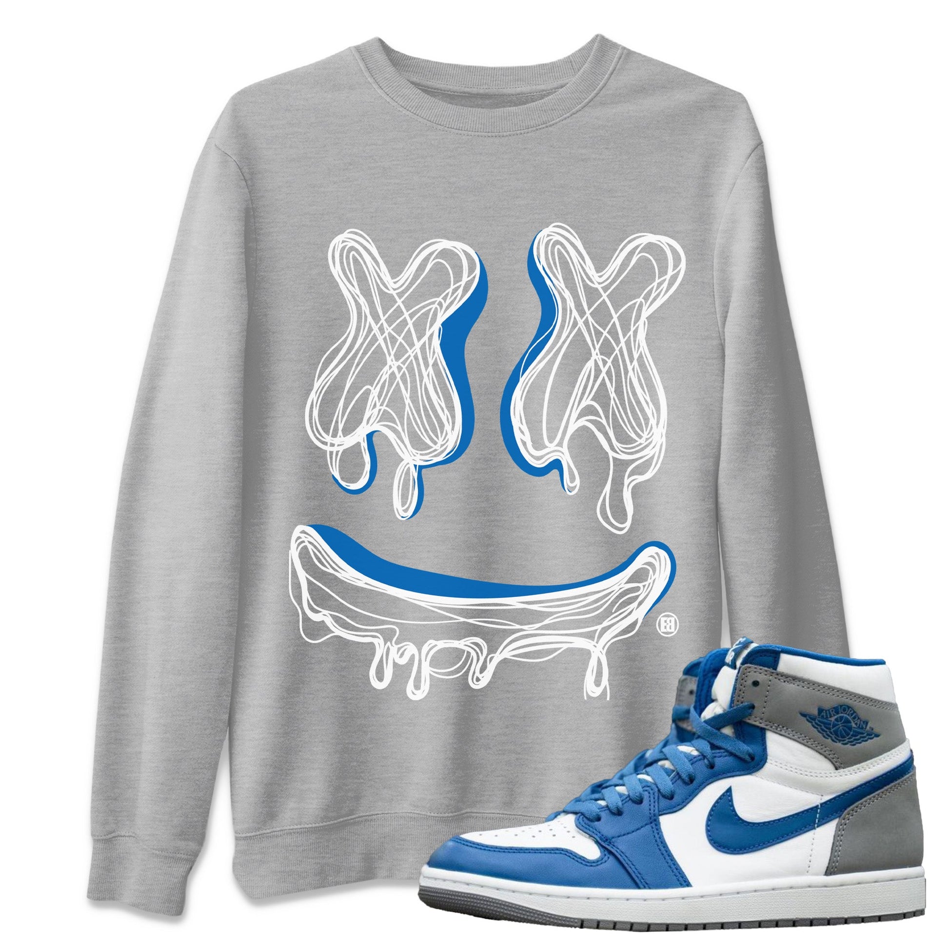 Air Jordan 1 True Blue shirt to match jordans Smile Doodle sneaker tees Air Jordan 1 True Blue SNRT Sneaker Release Tees unisex cotton Heather Grey 1 crew neck shirt