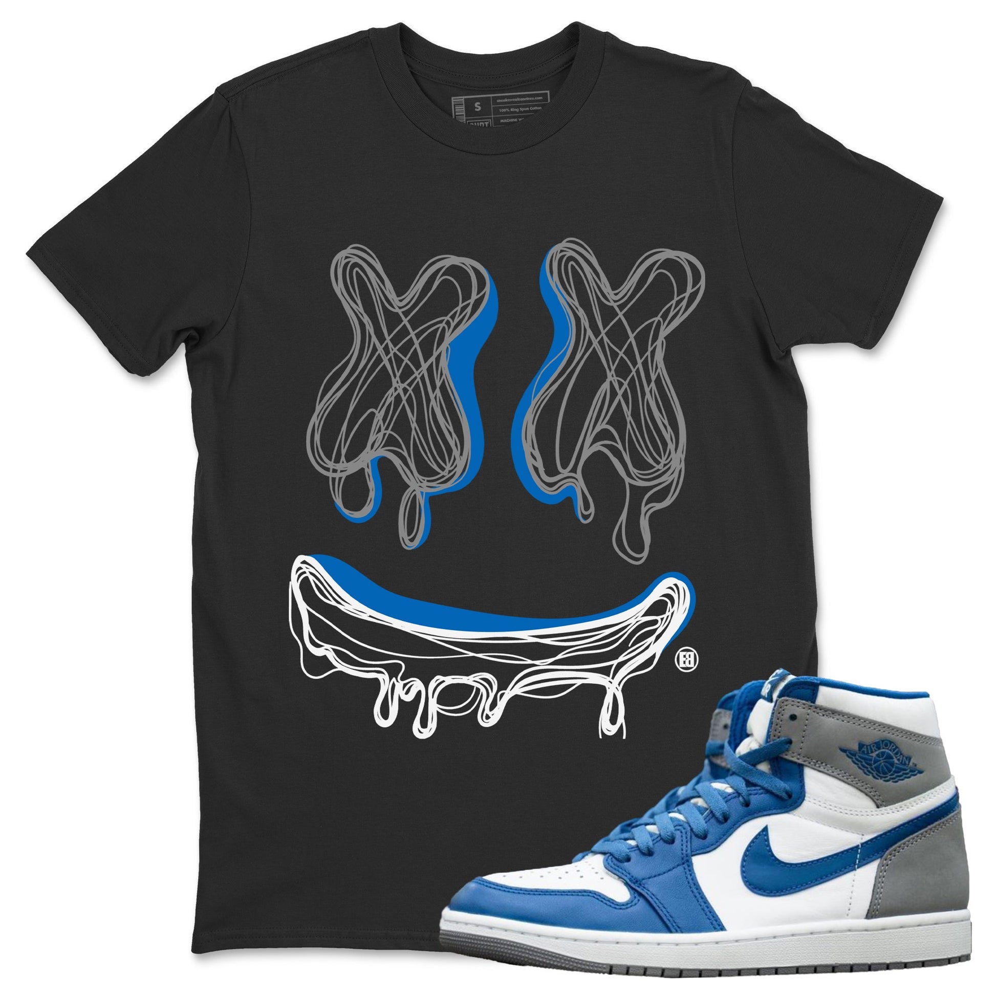 Air Jordan 1 True Blue shirt to match jordans Smile Doodle sneaker tees Air Jordan 1 True Blue SNRT Sneaker Release Tees unisex cotton Black 1 crew neck shirt