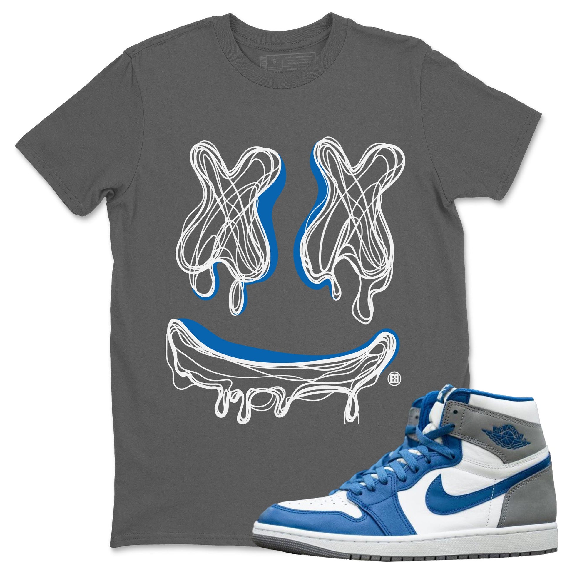 Air Jordan 1 True Blue shirt to match jordans Smile Doodle sneaker tees Air Jordan 1 True Blue SNRT Sneaker Release Tees unisex cotton Cool Grey 1 crew neck shirt