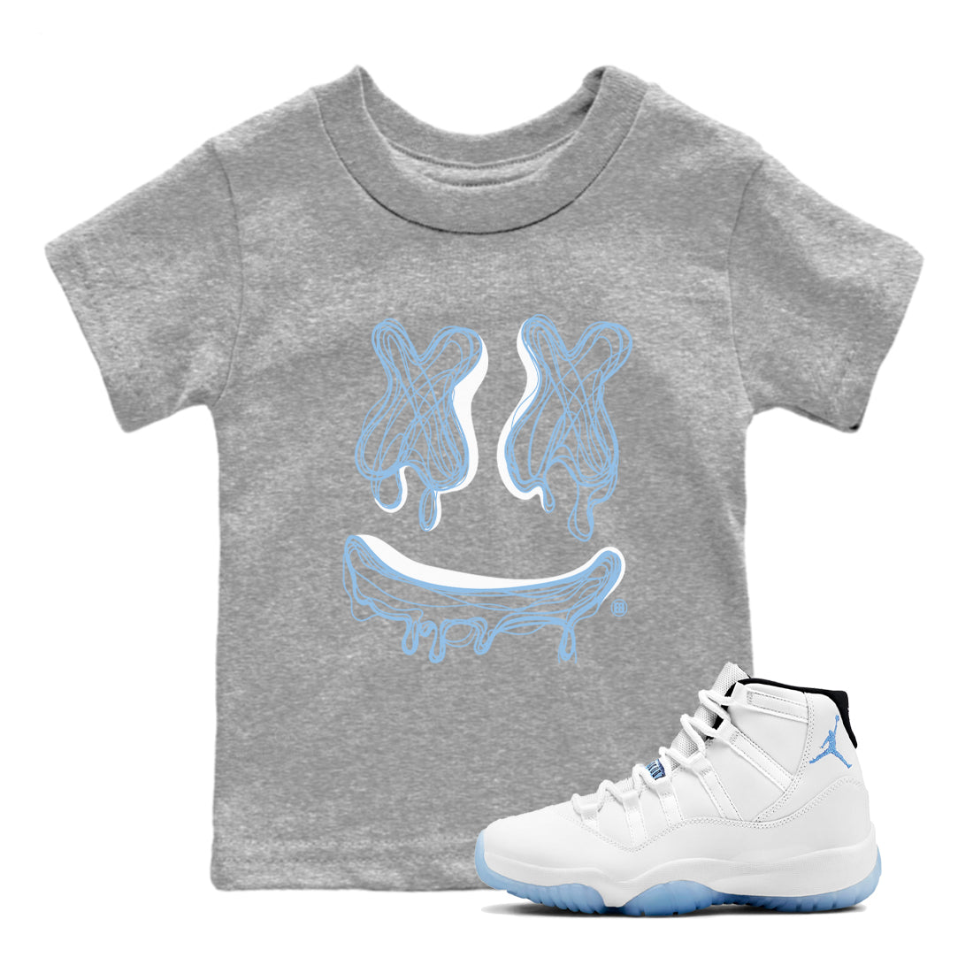 11s Legend Blue shirts to match jordans Smile Doodle sneaker match tees Air Jordan 11 Legend Blue SNRT Sneaker Release Tees Youth Baby Heather Grey 1 crew neck shirts