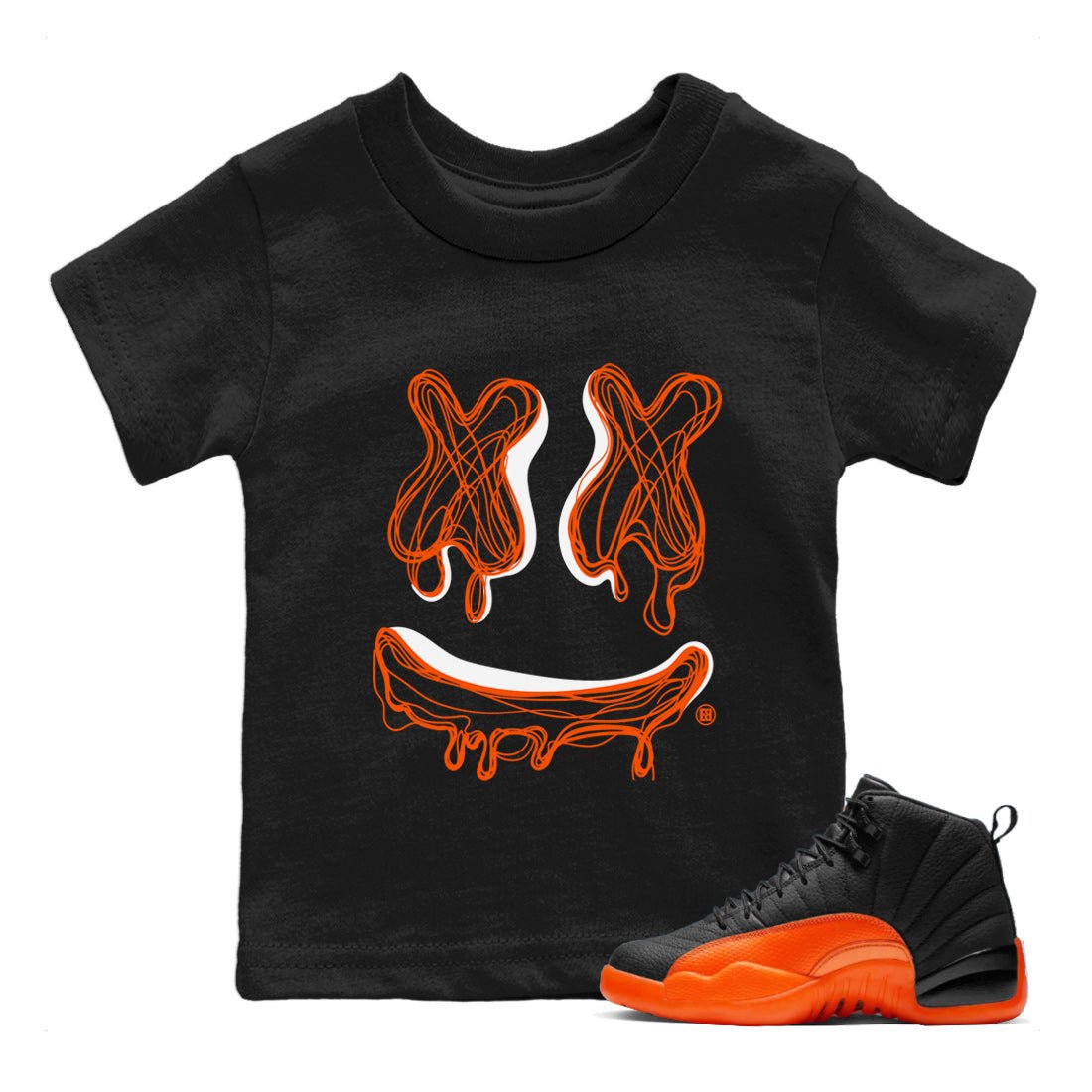 Air Jordan 12 Brilliant Orange shirt to match jordans Smile Doodle sneaker tees Air Jordan 12 Brilliant Orange SNRT sneaker release tees baby toddler Black 1 cotton Shirt