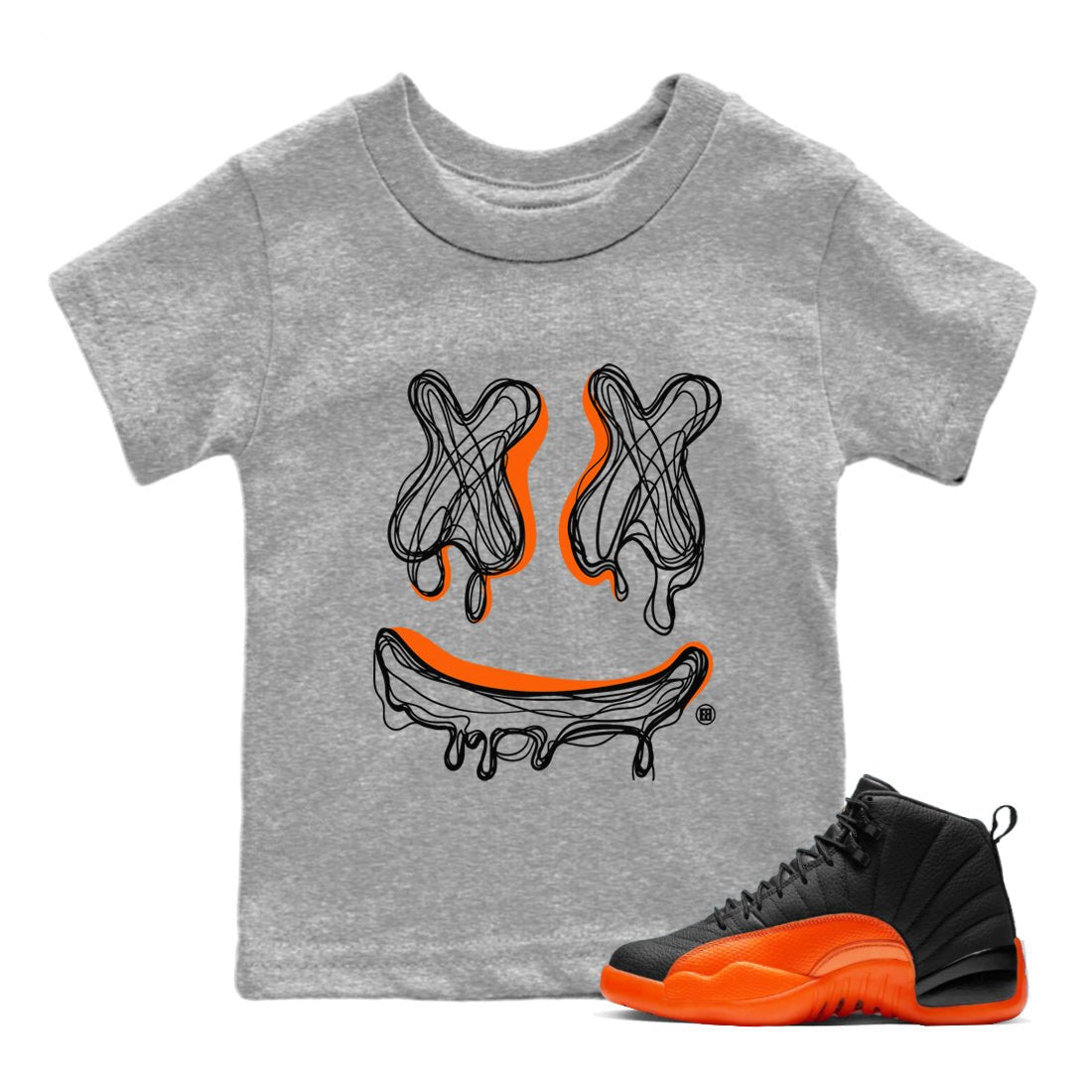 Air Jordan 12 Brilliant Orange shirt to match jordans Smile Doodle sneaker tees Air Jordan 12 Brilliant Orange SNRT sneaker release tees baby toddler Heather Grey 1 cotton Shirt