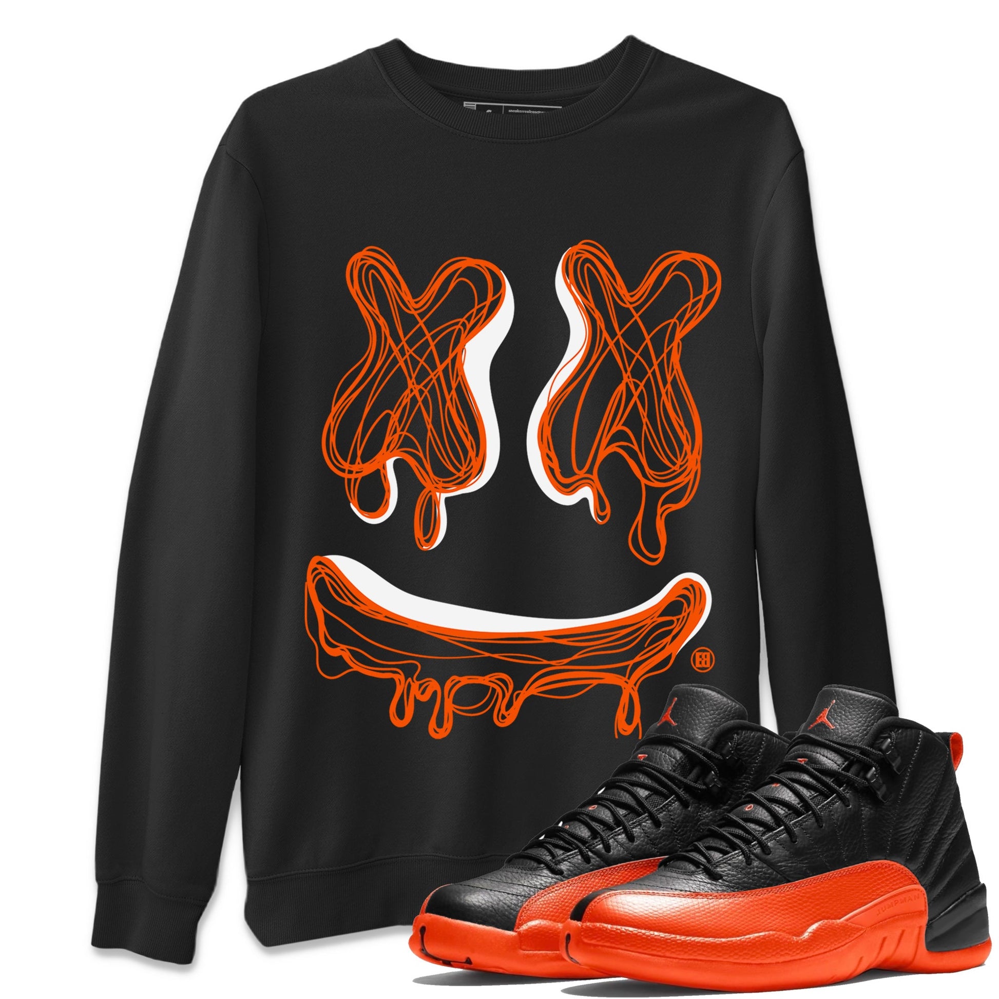 Air Jordan 12 Brilliant Orange shirt to match jordans Smile Doodle sneaker tees Air Jordan 12 Brilliant Orange SNRT Sneaker Release Tees unisex cotton Black 1 crew neck shirt