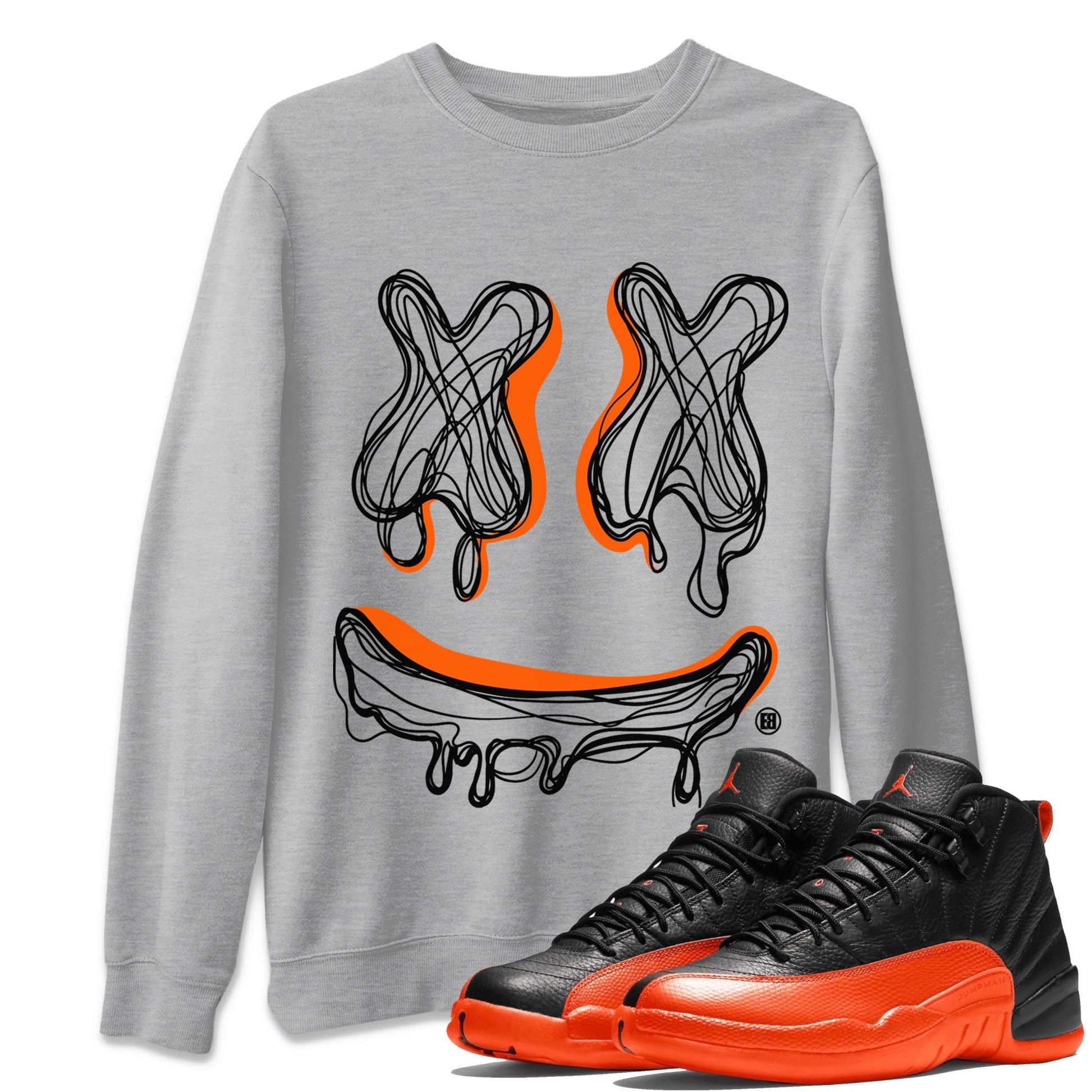 Air Jordan 12 Brilliant Orange shirt to match jordans Smile Doodle sneaker tees Air Jordan 12 Brilliant Orange SNRT Sneaker Release Tees unisex cotton Heather Grey 1 crew neck shirt