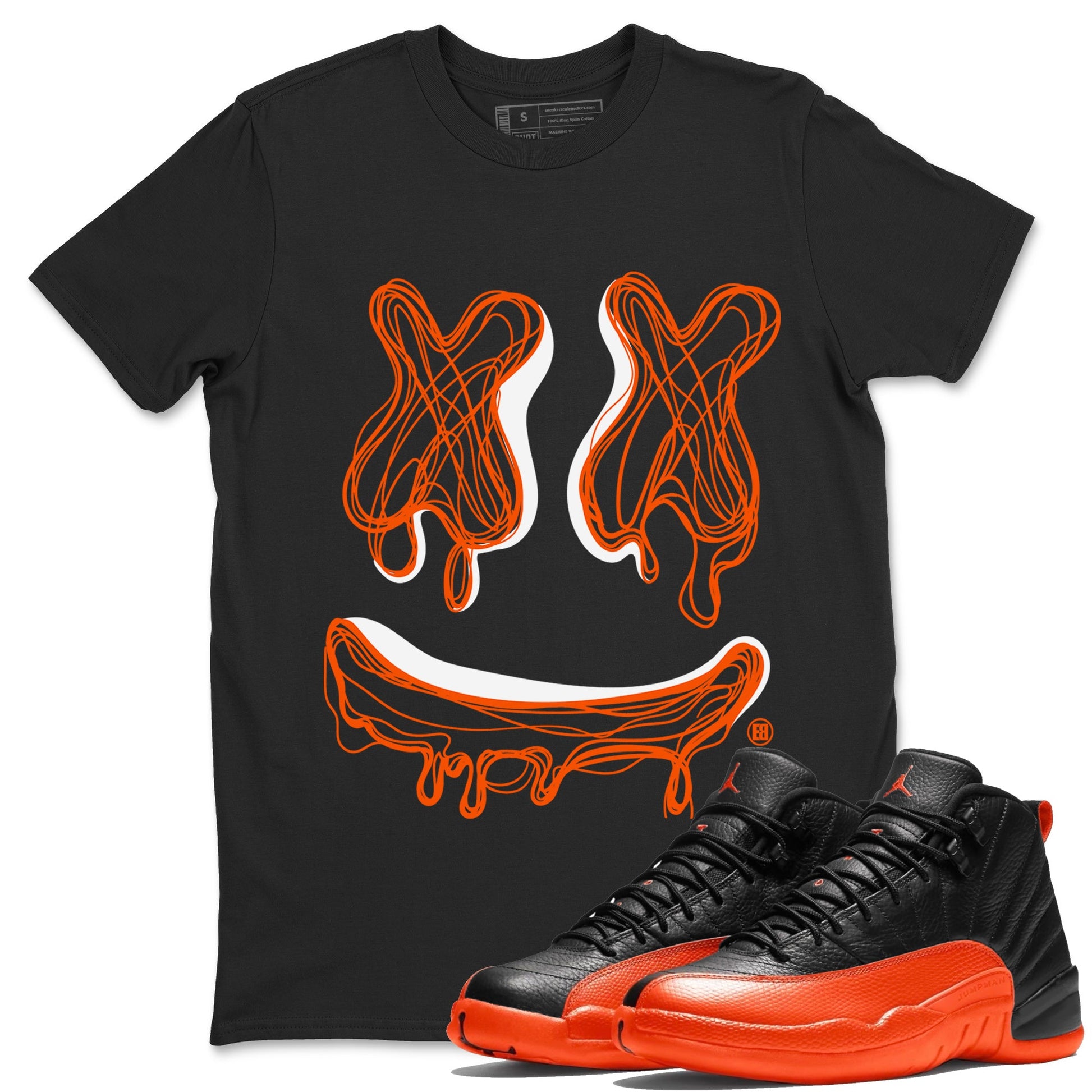 Air Jordan 12 Brilliant Orange shirt to match jordans Smile Doodle sneaker tees Air Jordan 12 Brilliant Orange SNRT Sneaker Release Tees unisex cotton Black 1 crew neck shirt