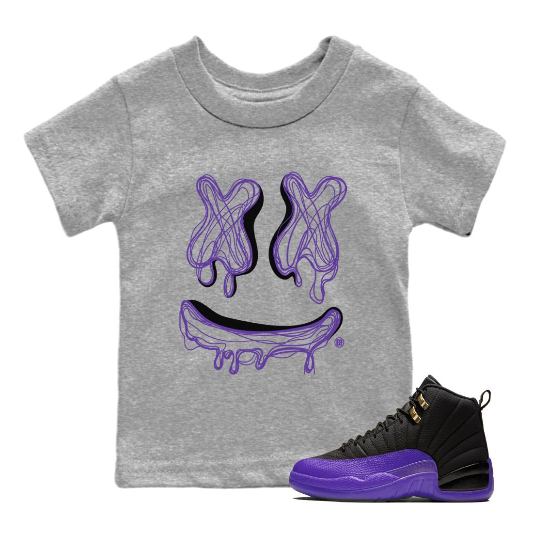 Air Jordan 12 Field Purple shirt to match jordans Smile Doodle sneaker tees Air Jordan 12 Field Purple SNRT sneaker release tees baby toddler Heather Grey 1 cotton Shirt