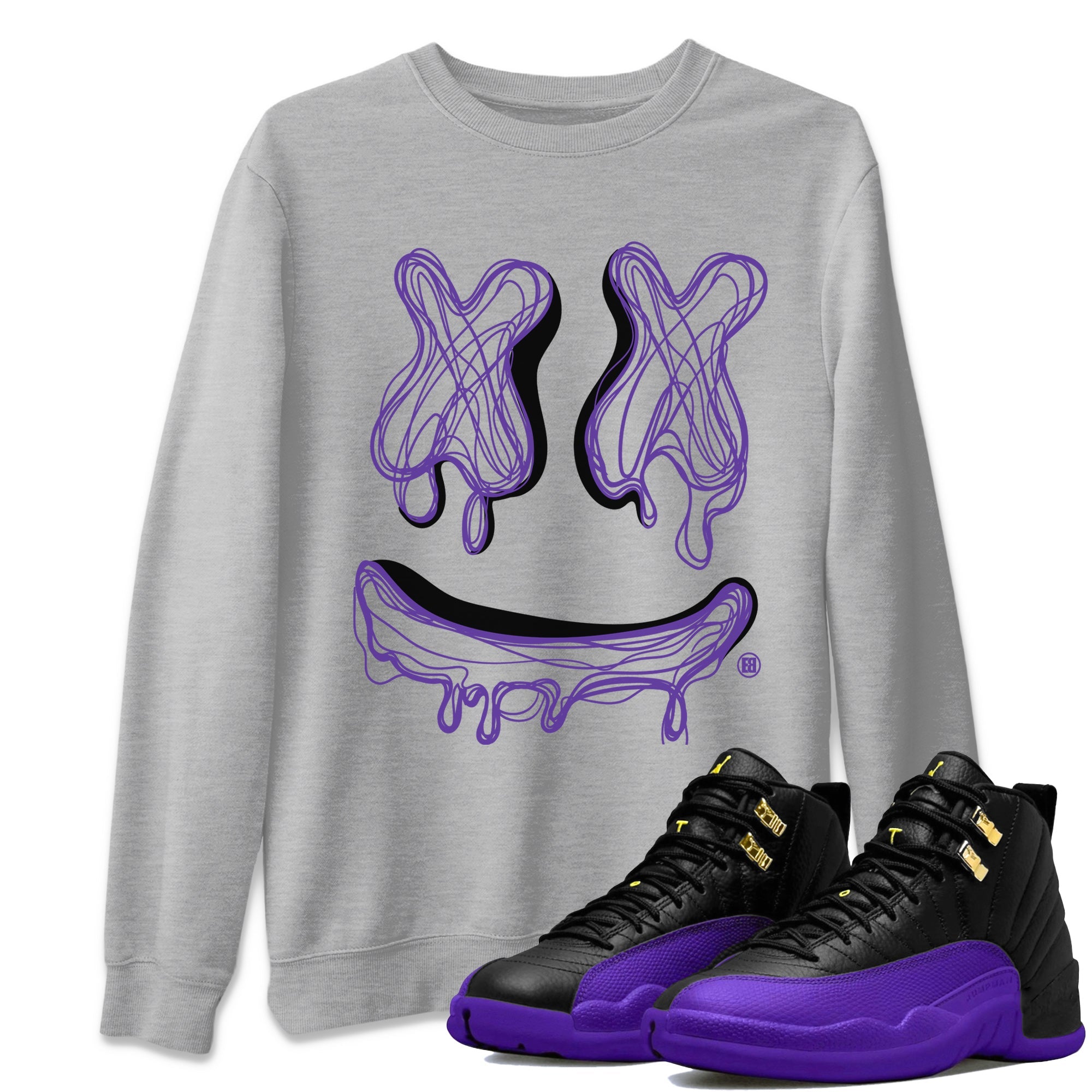 Air Jordan 12 Field Purple shirt to match jordans Smile Doodle sneaker tees Air Jordan 12 Field Purple SNRT Sneaker Release Tees unisex cotton Heather Grey 1 crew neck shirt