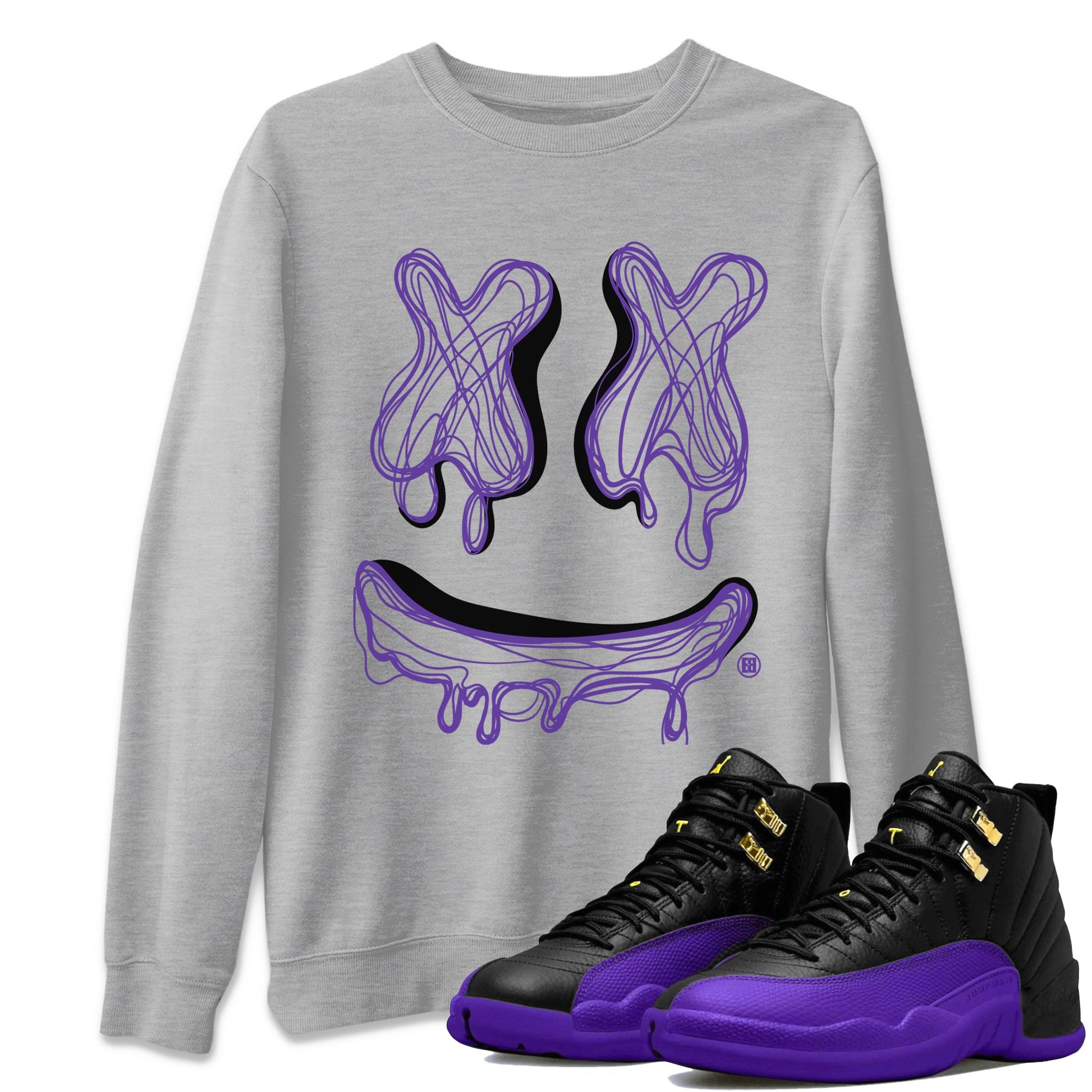Air Jordan 12 Field Purple shirt to match jordans Smile Doodle sneaker tees Air Jordan 12 Field Purple SNRT Sneaker Release Tees unisex cotton Heather Grey 1 crew neck shirt