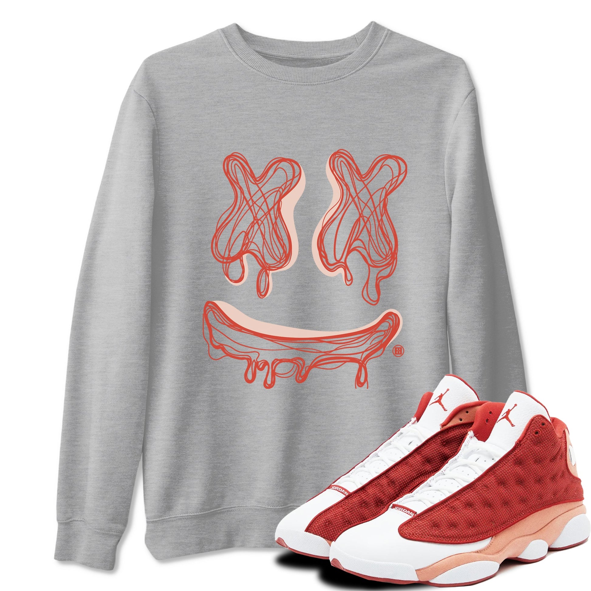 13s Dune Red shirts to match jordans Smile Doodle sneaker match tees Air Jordan 13 Dune Red SNRT Sneaker Tees streetwear brand Heather Grey 1 unisex cotton tee