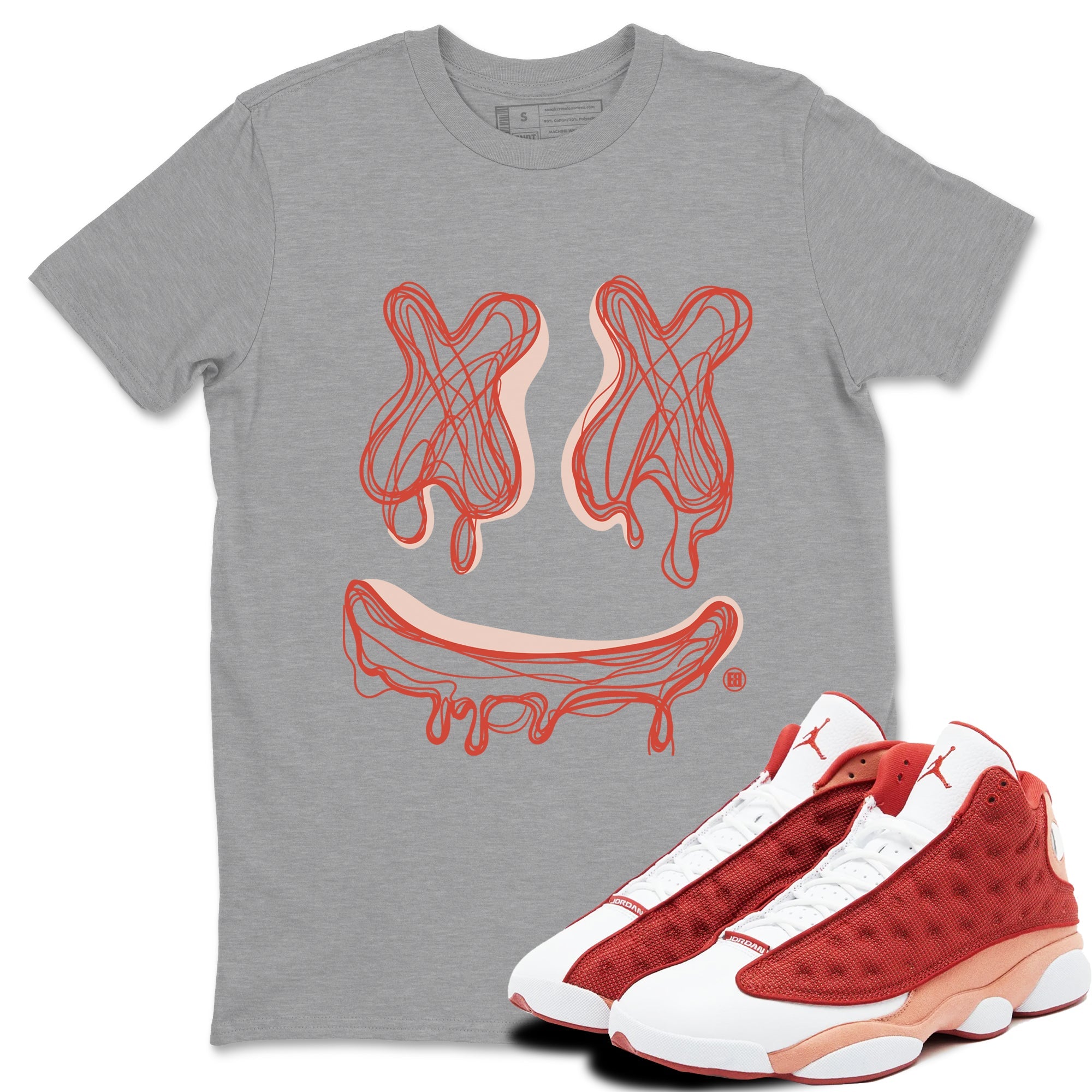 13s Dune Red shirts to match jordans Smile Doodle sneaker match tees Air Jordan 13 Dune Red SNRT Sneaker Tees streetwear brand Heather Grey 1 unisex cotton tee