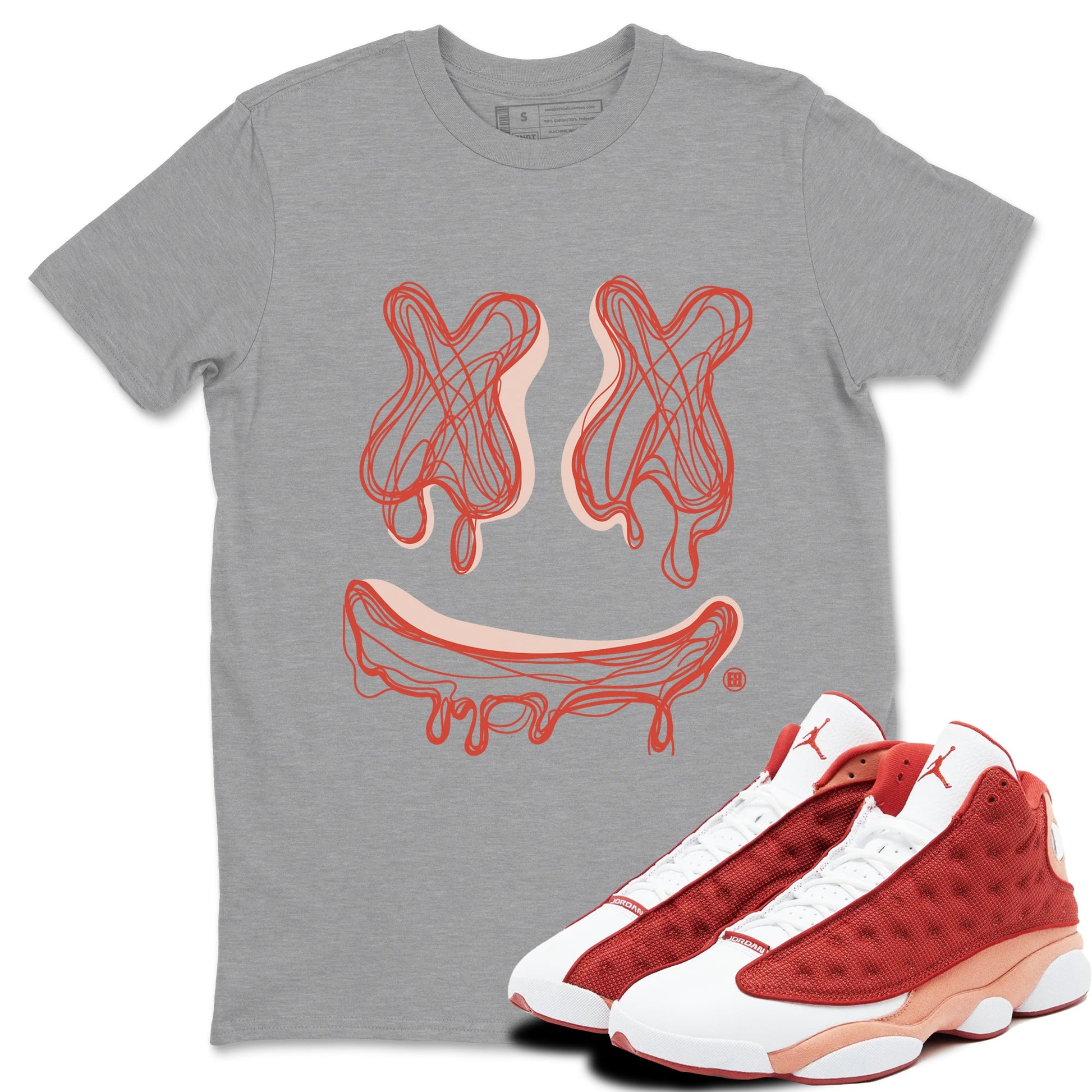 13s Dune Red shirts to match jordans Smile Doodle sneaker match tees Air Jordan 13 Dune Red SNRT Sneaker Tees streetwear brand Heather Grey 1 unisex cotton tee