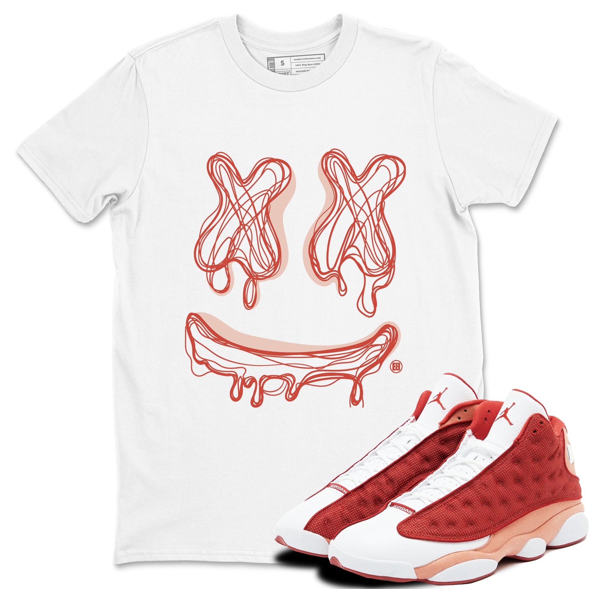 13s Dune Red shirts to match jordans Smile Doodle sneaker match tees Air Jordan 13 Dune Red SNRT Sneaker Tees streetwear brand White 1 unisex cotton tee