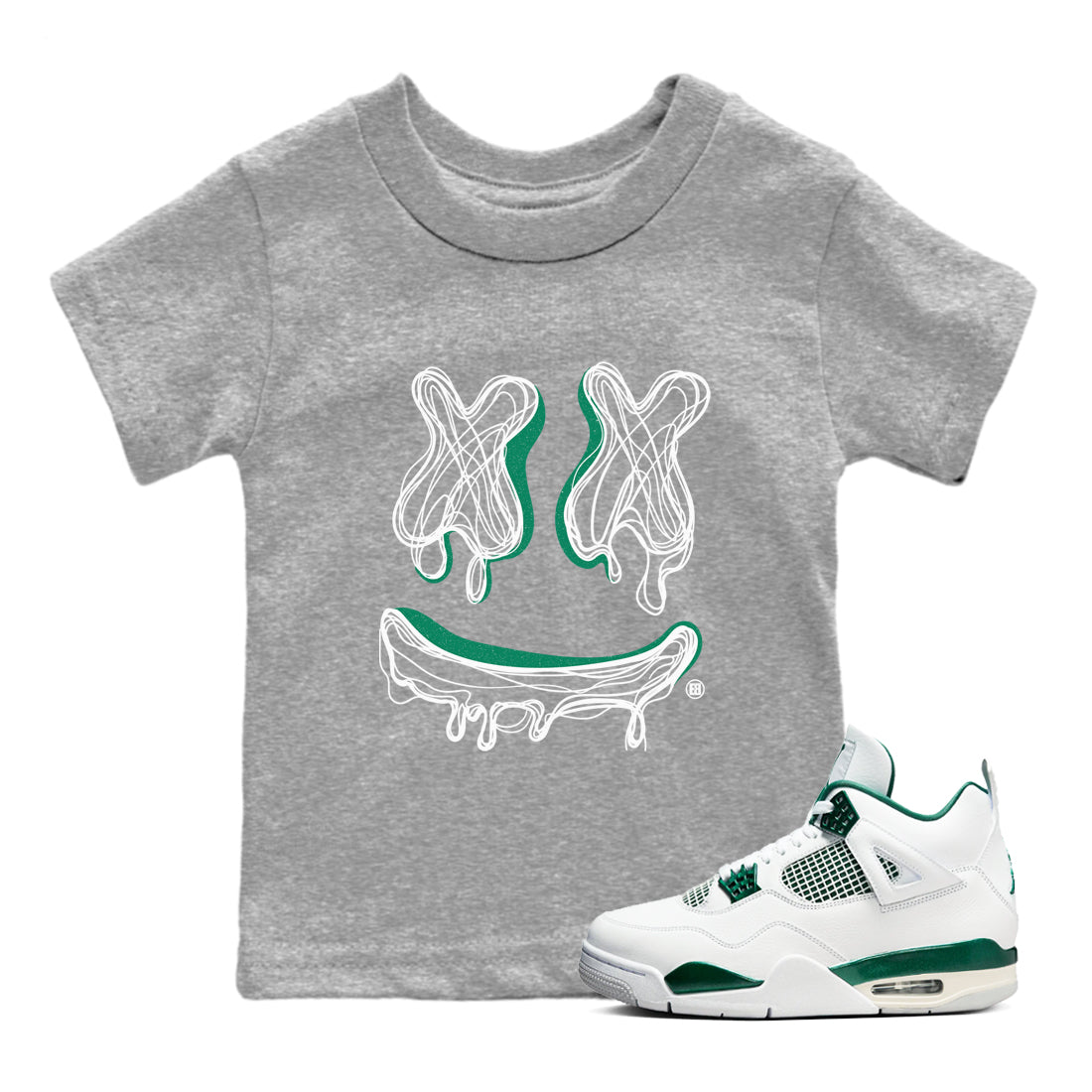 4s Oxidized Green shirts to match jordans Smile Doodle sneaker match tees Air Jordan 4 Oxidized Green SNRT Sneaker Tees streetwear brand Baby and Youth Heather Grey 1 cotton tee
