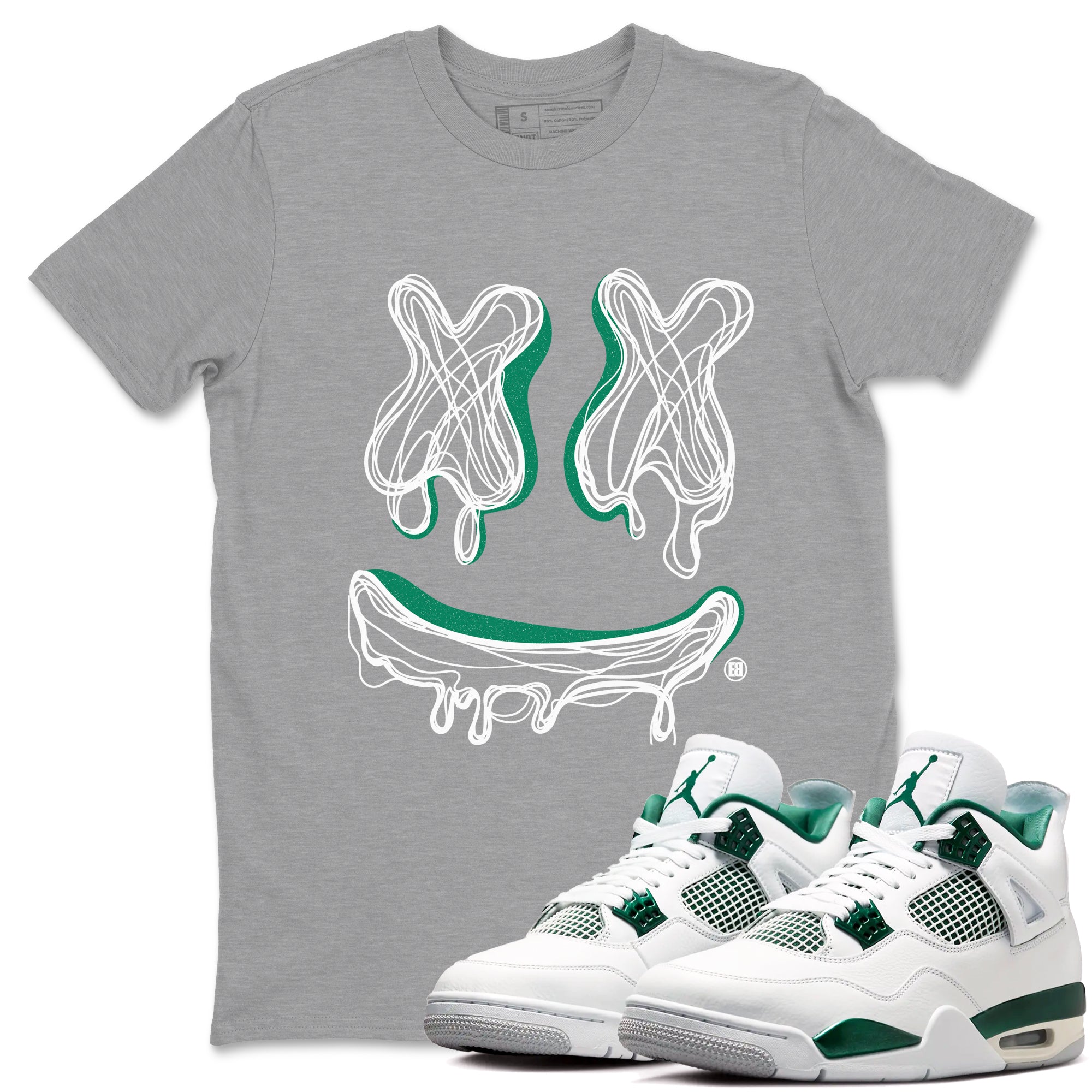 4s Oxidized Green shirts to match jordans Smile Doodle sneaker match tees Air Jordan 4 Oxidized Green SNRT Sneaker Tees streetwear brand Heather Grey 1 unisex cotton tee