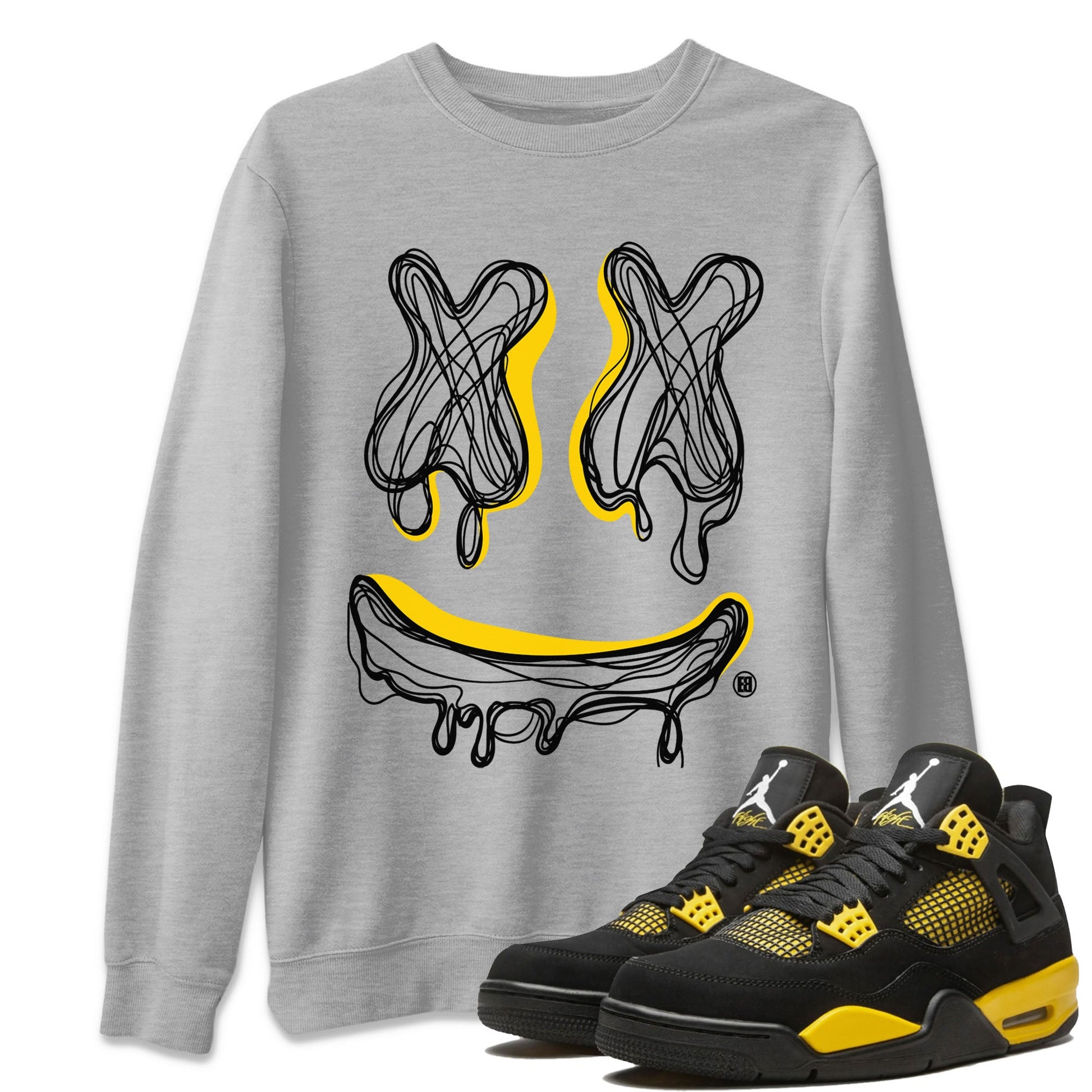 Air Jordan 4 Thunder shirt to match jordans Smile Doodle sneaker tees Air Jordan 4 Thunder SNRT Sneaker Release Tees unisex cotton Heather Grey 1 crew neck shirt