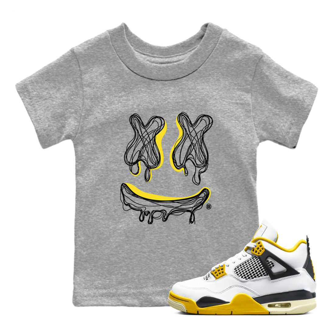 Air Jordan 4 Vivid Sulfur shirt to match jordans Smile Doodle sneaker tees Air Jordan 4 Vivid Sulfur SNRT sneaker release tees baby toddler Heather Grey 1 cotton Shirt