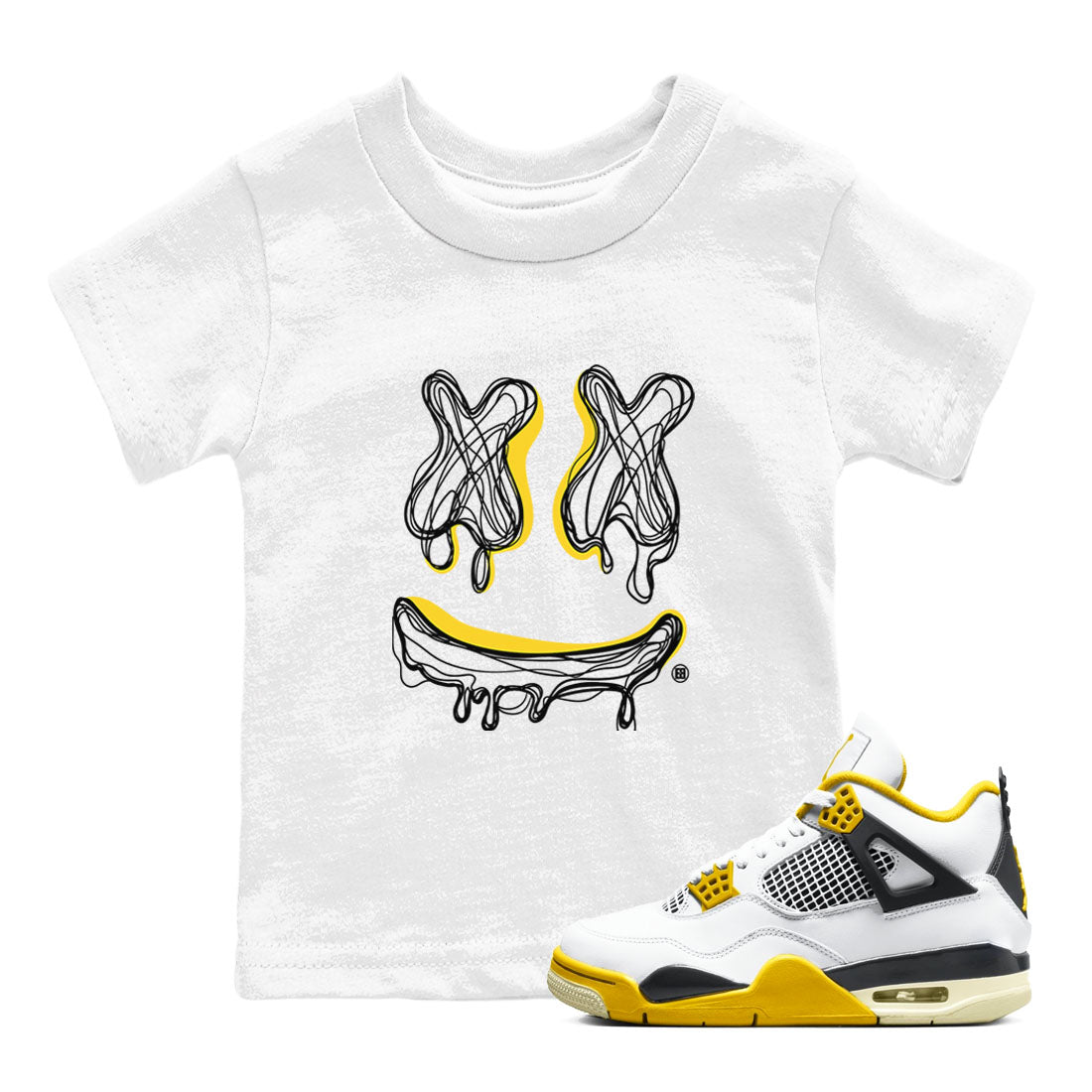 Air Jordan 4 Vivid Sulfur shirt to match jordans Smile Doodle sneaker tees Air Jordan 4 Vivid Sulfur SNRT sneaker release tees baby toddler White 1 cotton Shirt
