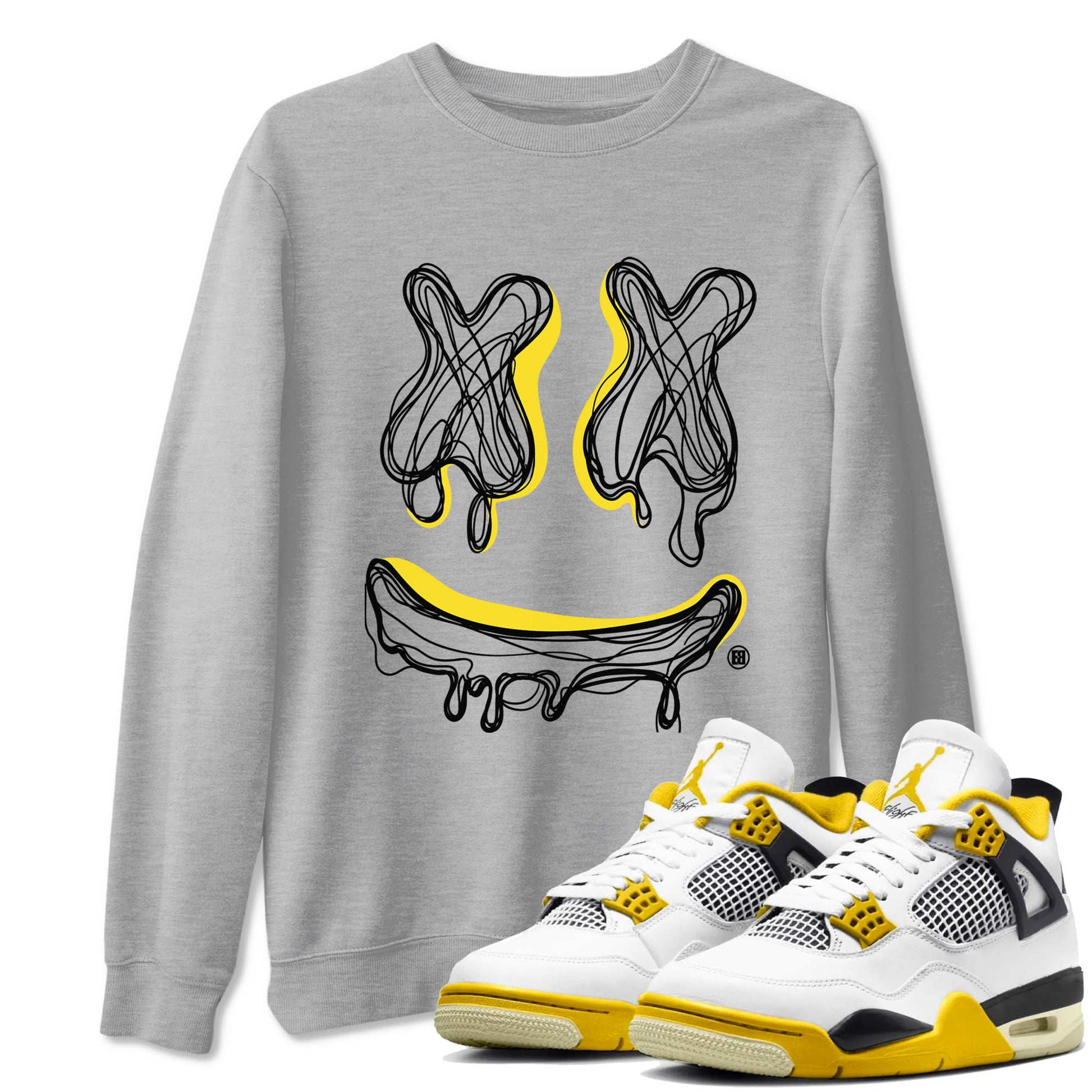 Air Jordan 4 Vivid Sulfur shirt to match jordans Smile Doodle sneaker tees Air Jordan 4 Vivid Sulfur SNRT Sneaker Release Tees unisex cotton Heather Grey 1 crew neck shirt