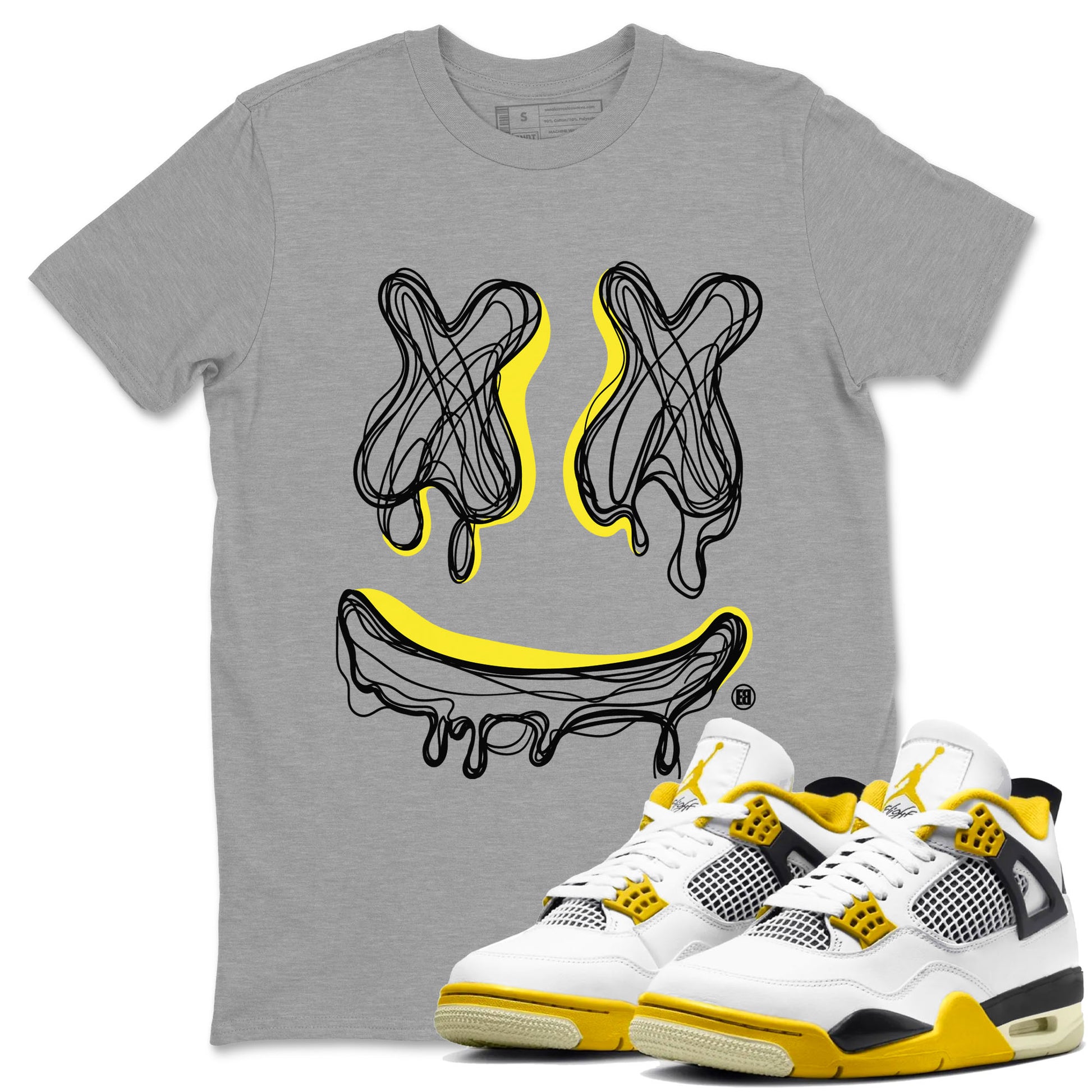 Air Jordan 4 Vivid Sulfur shirt to match jordans Smile Doodle sneaker tees Air Jordan 4 Vivid Sulfur SNRT Sneaker Release Tees unisex cotton Heather Grey 1 crew neck shirt