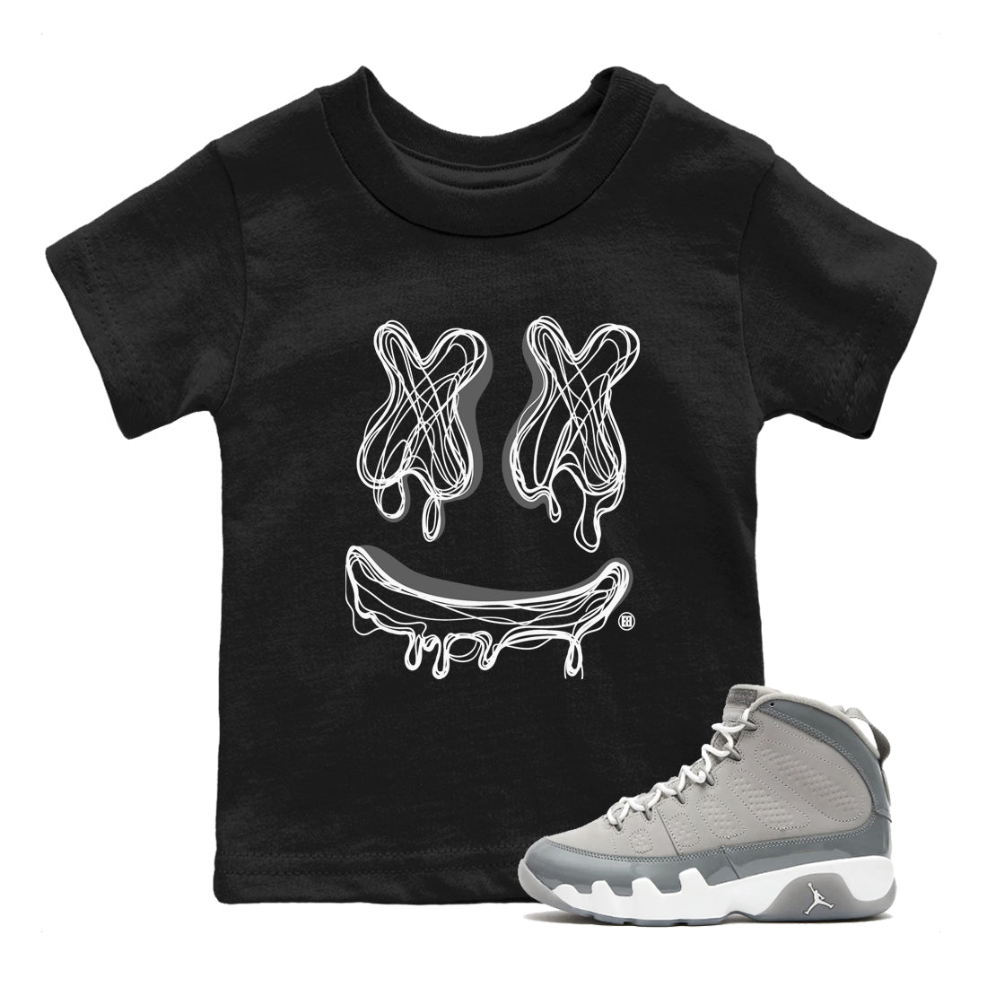 9s Cool Grey best t shirts to wear with jordans Smile Doodle sneaker match tees Air Jordan 9 Retro Cool Grey match shoes to clothes SNRT Sneaker Tees Youth Baby Black 1 tee