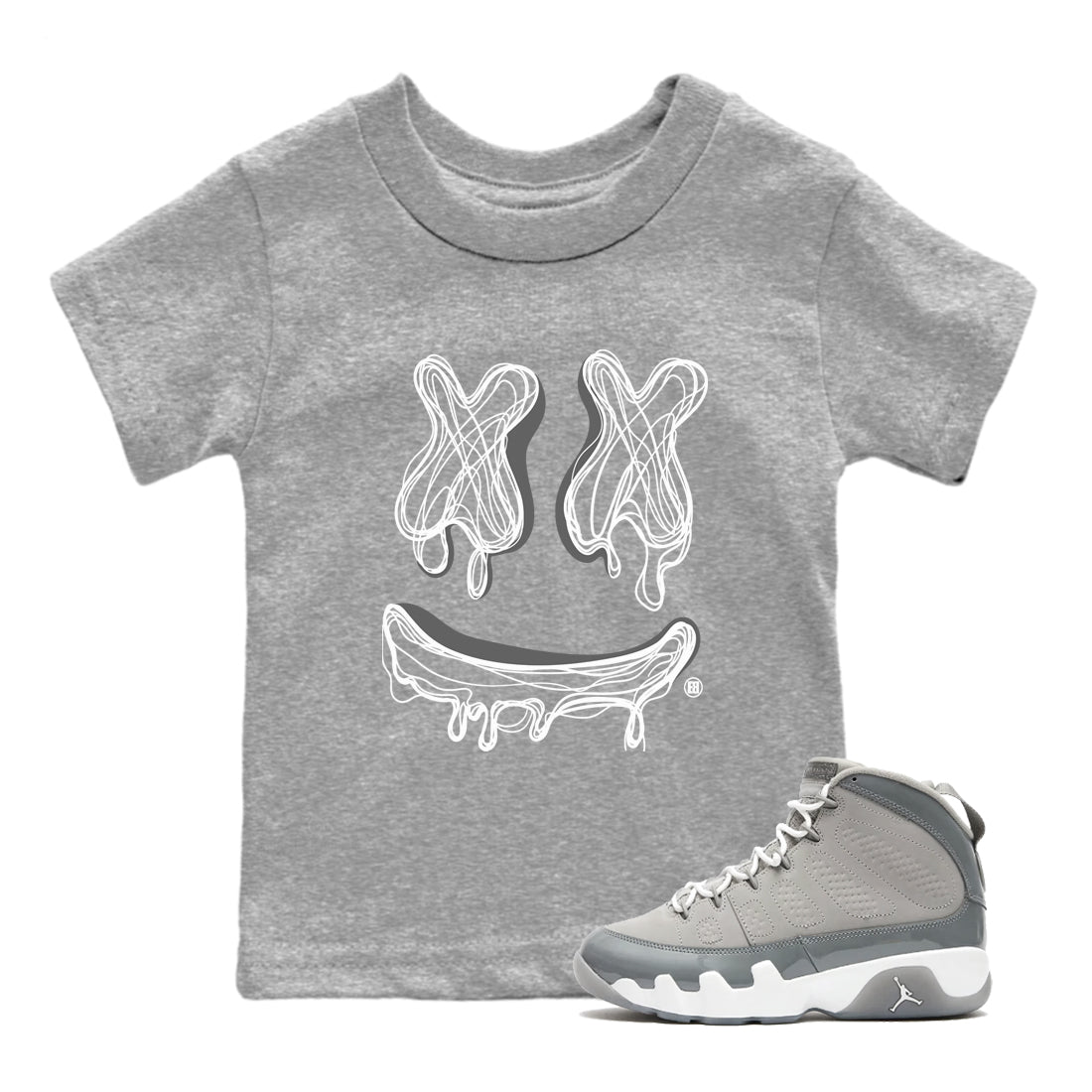 9s Cool Grey best t shirts to wear with jordans Smile Doodle sneaker match tees Air Jordan 9 Retro Cool Grey match shoes to clothes SNRT Sneaker Tees Youth Baby Heather Grey 1 tee