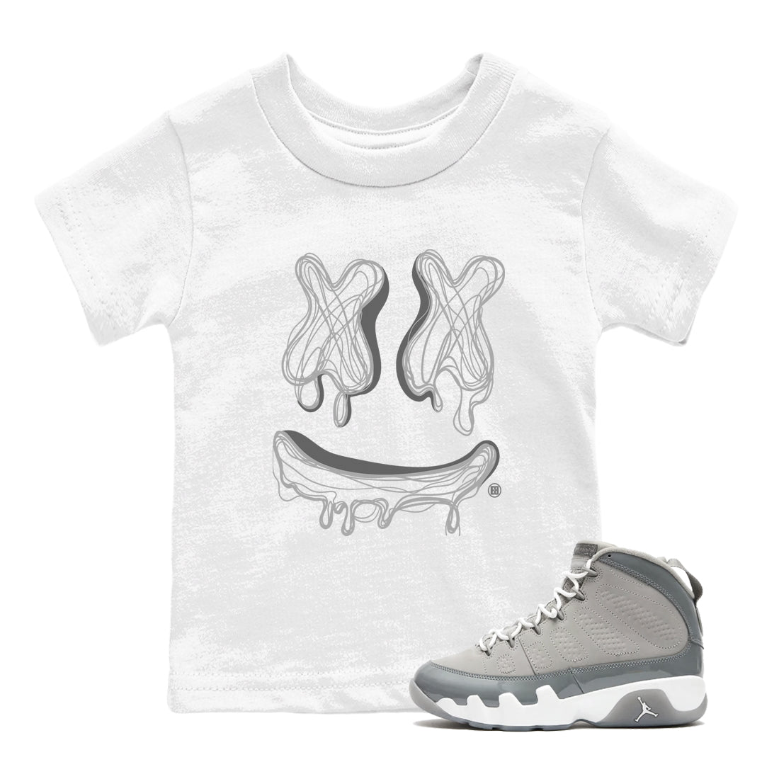 9s Cool Grey best t shirts to wear with jordans Smile Doodle sneaker match tees Air Jordan 9 Retro Cool Grey match shoes to clothes SNRT Sneaker Tees Youth Baby White 1 tee
