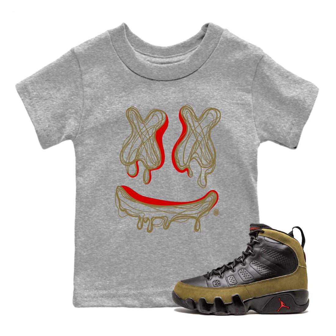9s Olive shirts to match jordans Smile Doodle sneaker match tees Air Jordan 9 Olive match shoes to clothes SNRT Sneaker Tees Youth Baby Heather Grey 1 tee