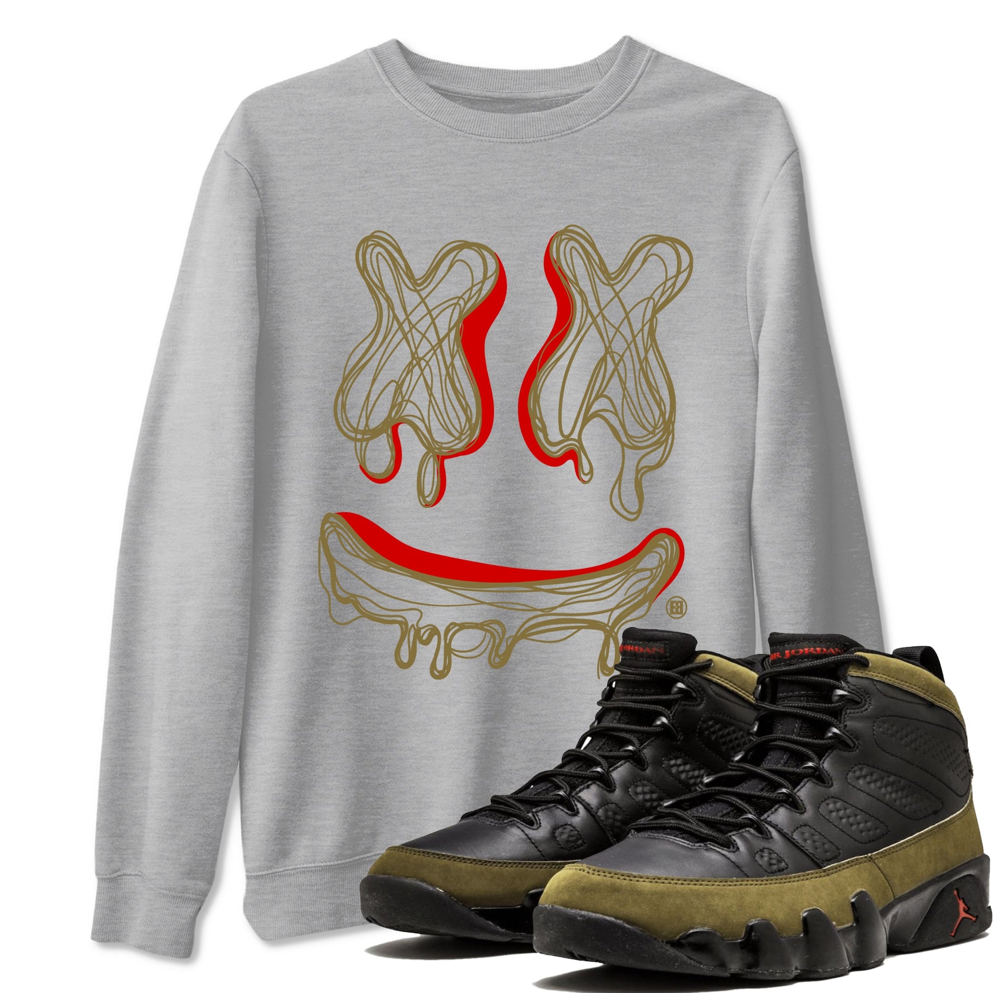 9s Olive shirts to match jordans Smile Doodle sneaker match tees Air Jordan 9 Olive match shoes to clothes SNRT Sneaker Tees unisex cotton Heather Grey 1 shirts