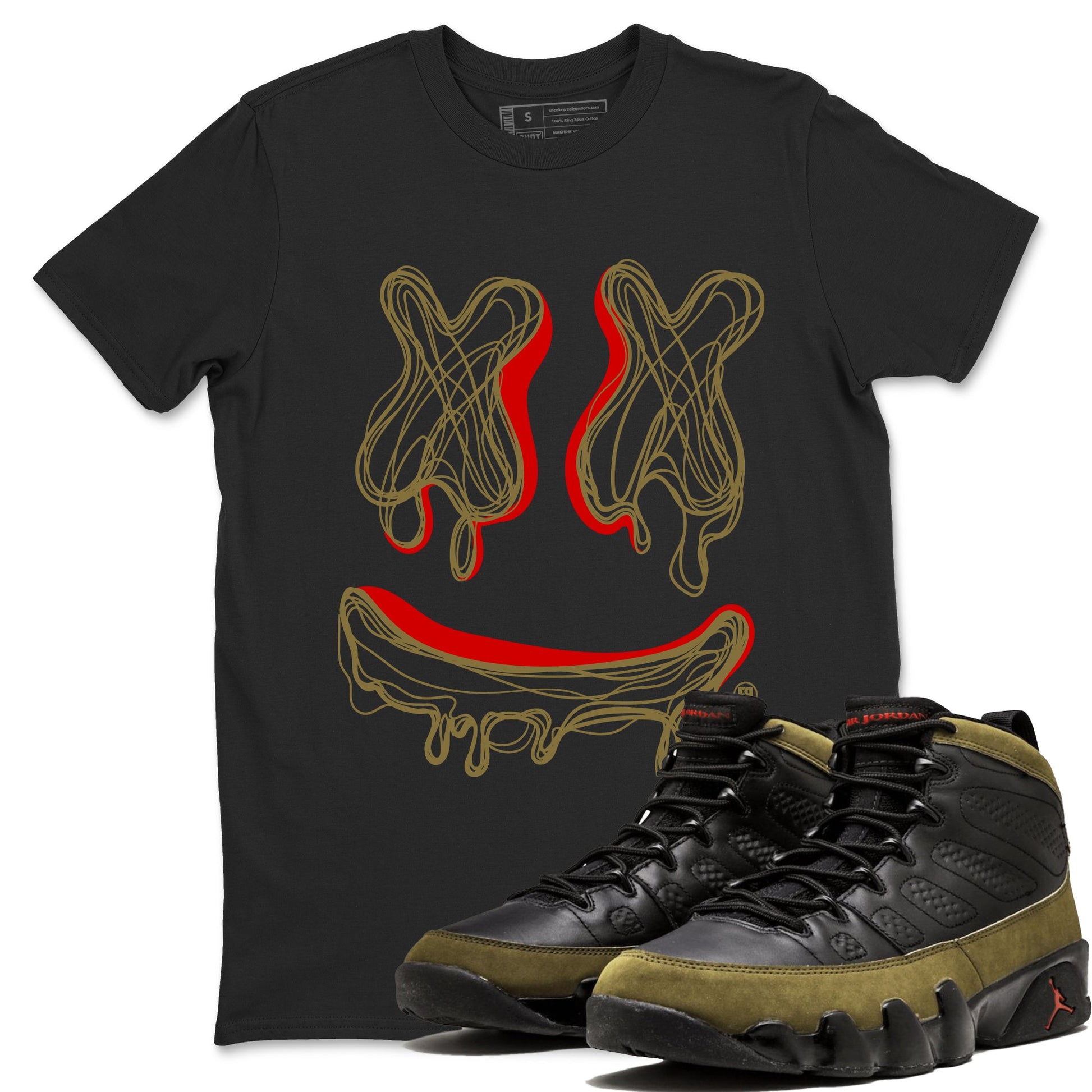 9s Olive shirts to match jordans Smile Doodle sneaker match tees Air Jordan 9 Olive match shoes to clothes SNRT Sneaker Tees unisex cotton Black 1 shirts