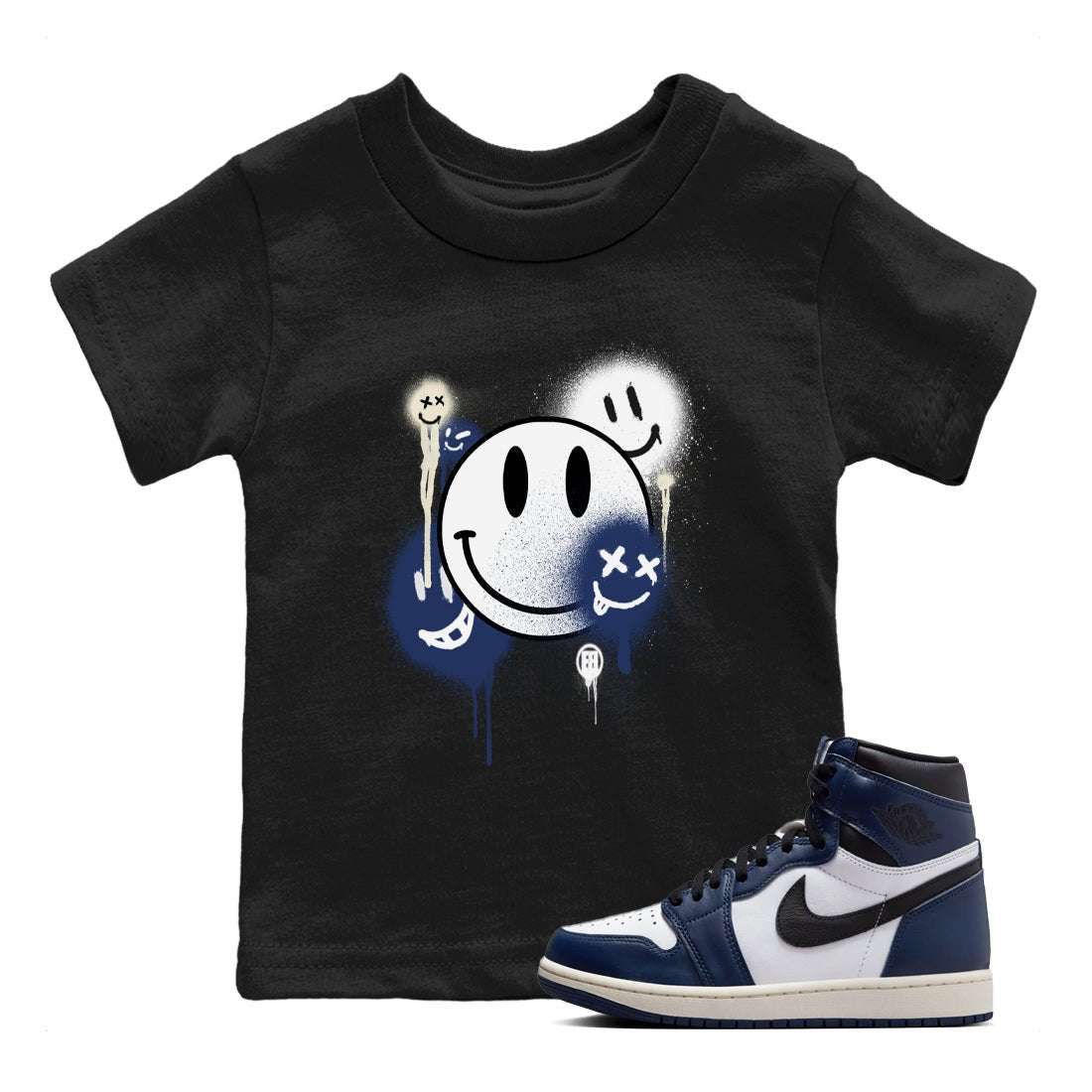 1s Midnight Navy shirts to match jordans Smile Painting sneaker match tees Air Jordan 1 Midnight Navy match shoes to clothes SNRT Sneaker Tees Youth Baby Black 1 tee