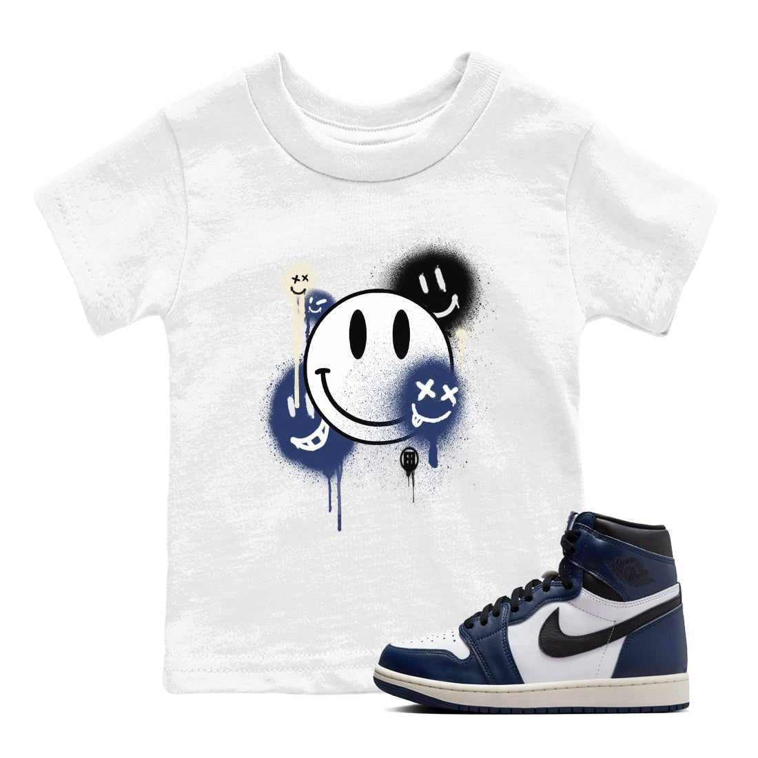 1s Midnight Navy shirts to match jordans Smile Painting sneaker match tees Air Jordan 1 Midnight Navy match shoes to clothes SNRT Sneaker Tees Youth Baby White 1 tee