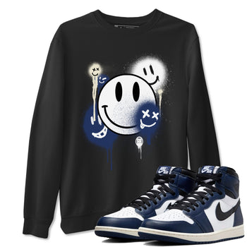 1s Midnight Navy shirts to match jordans Smile Painting sneaker match tees Air Jordan 1 Midnight Navy match shoes to clothes SNRT Sneaker Tees unisex cotton Black 1 shirts