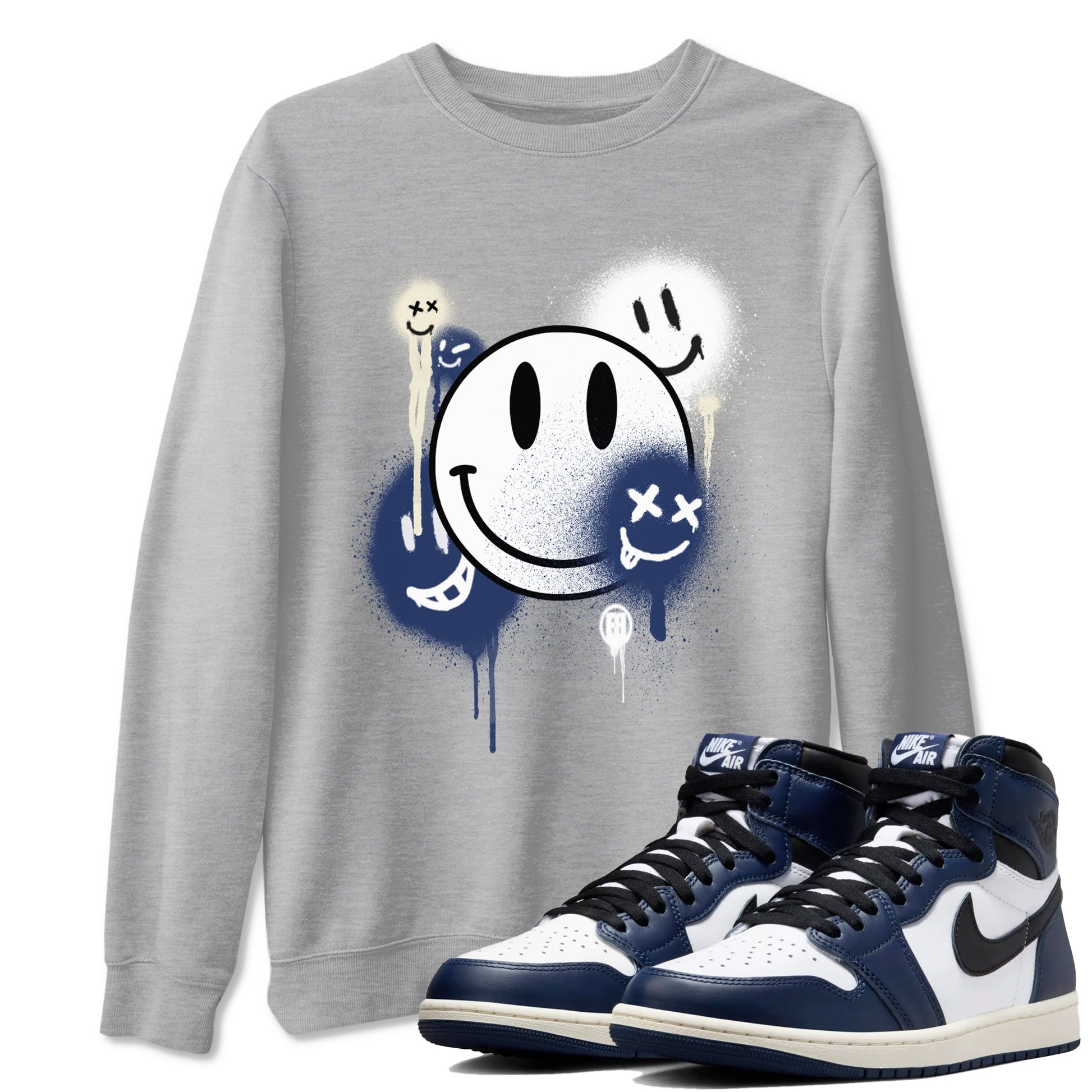 1s Midnight Navy shirts to match jordans Smile Painting sneaker match tees Air Jordan 1 Midnight Navy match shoes to clothes SNRT Sneaker Tees unisex cotton Heather Grey 1 shirts