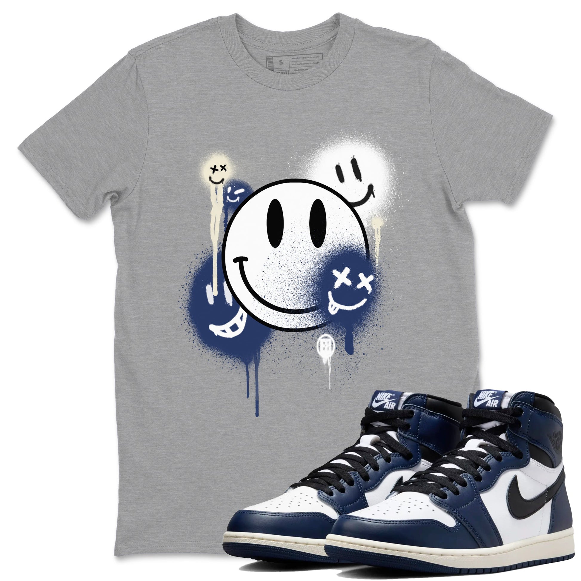 1s Midnight Navy shirts to match jordans Smile Painting sneaker match tees Air Jordan 1 Midnight Navy match shoes to clothes SNRT Sneaker Tees unisex cotton Heather Grey 1 shirts