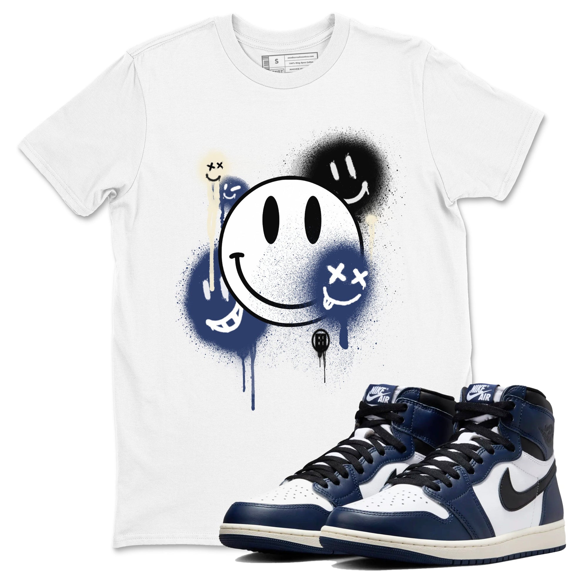 1s Midnight Navy shirts to match jordans Smile Painting sneaker match tees Air Jordan 1 Midnight Navy match shoes to clothes SNRT Sneaker Tees unisex cotton White 1 shirts