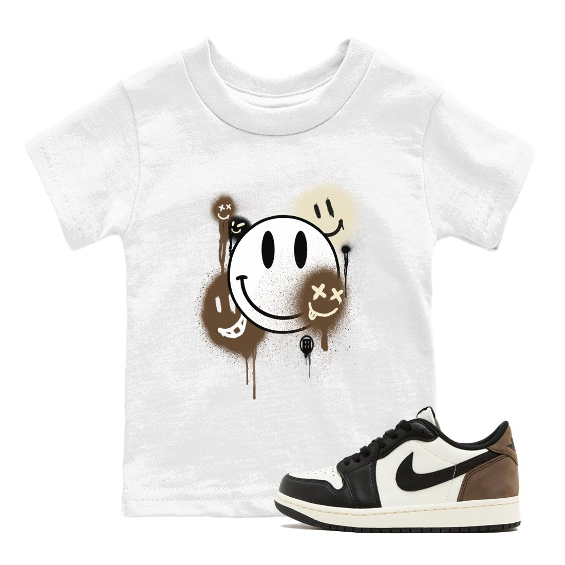 1s Mocha shirts to match jordans Smile Painting sneaker match tees Air Jordan 1 Mocha match shoes to clothes SNRT Sneaker Tees Youth Baby White 1 tee
