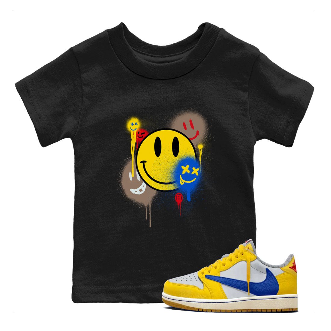 1s Travis Scott Canary shirt to match jordans Smile Painting sneaker tees Air Jordan 1 Travis Scott Canary SNRT sneaker release tees baby toddler Black 1 cotton Shirt