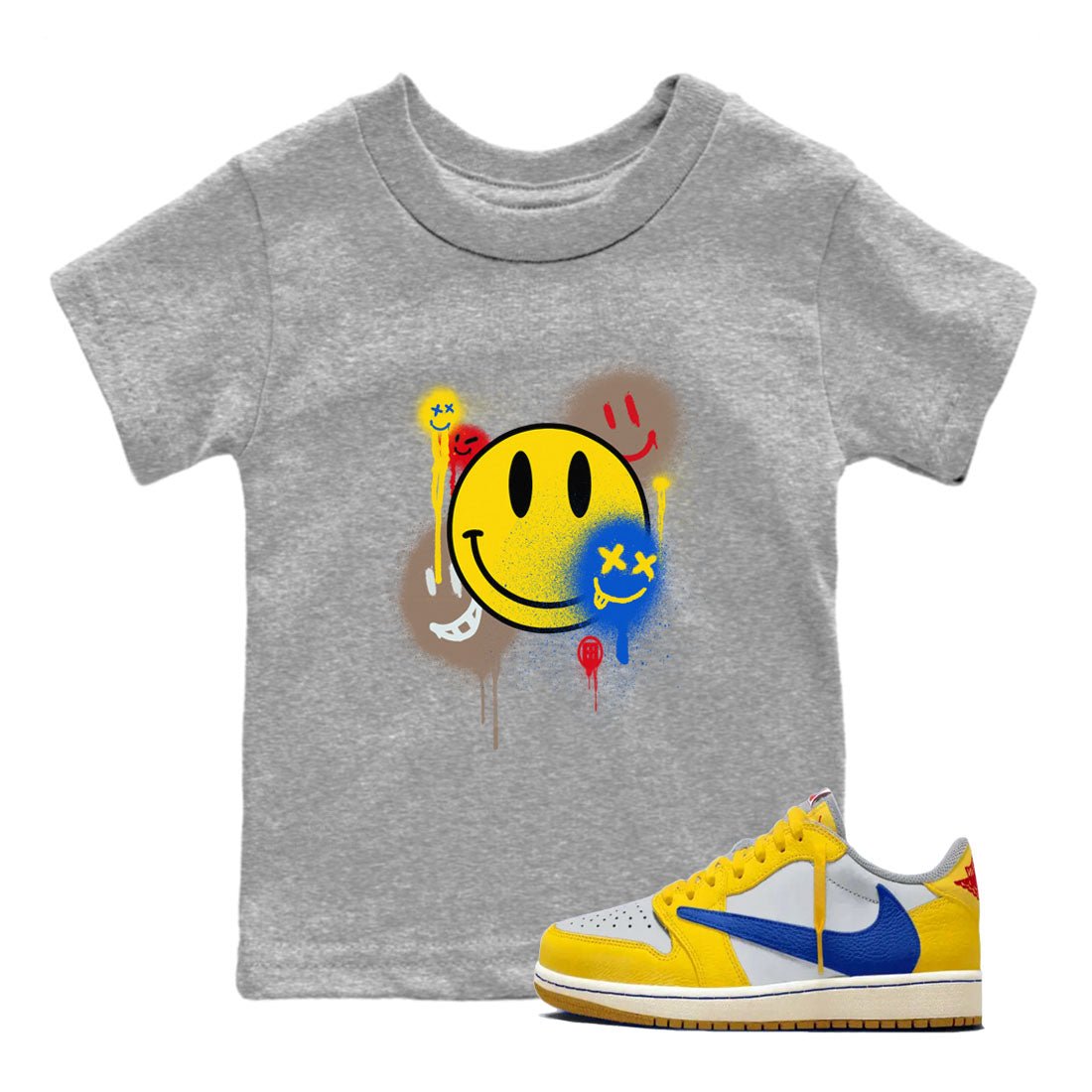1s Travis Scott Canary shirt to match jordans Smile Painting sneaker tees Air Jordan 1 Travis Scott Canary SNRT sneaker release tees baby toddler Heather Grey 1 cotton Shirt