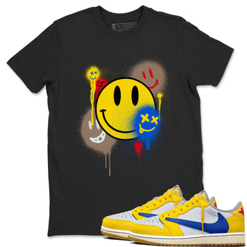 1s Travis Scott Canary shirt to match jordans Smile Painting sneaker tees Air Jordan 1 Travis Scott Canary SNRT Sneaker Release Tees unisex cotton Black 1 crew neck shirt