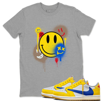 1s Travis Scott Canary shirt to match jordans Smile Painting sneaker tees Air Jordan 1 Travis Scott Canary SNRT Sneaker Release Tees unisex cotton Heather Grey 1 crew neck shirt