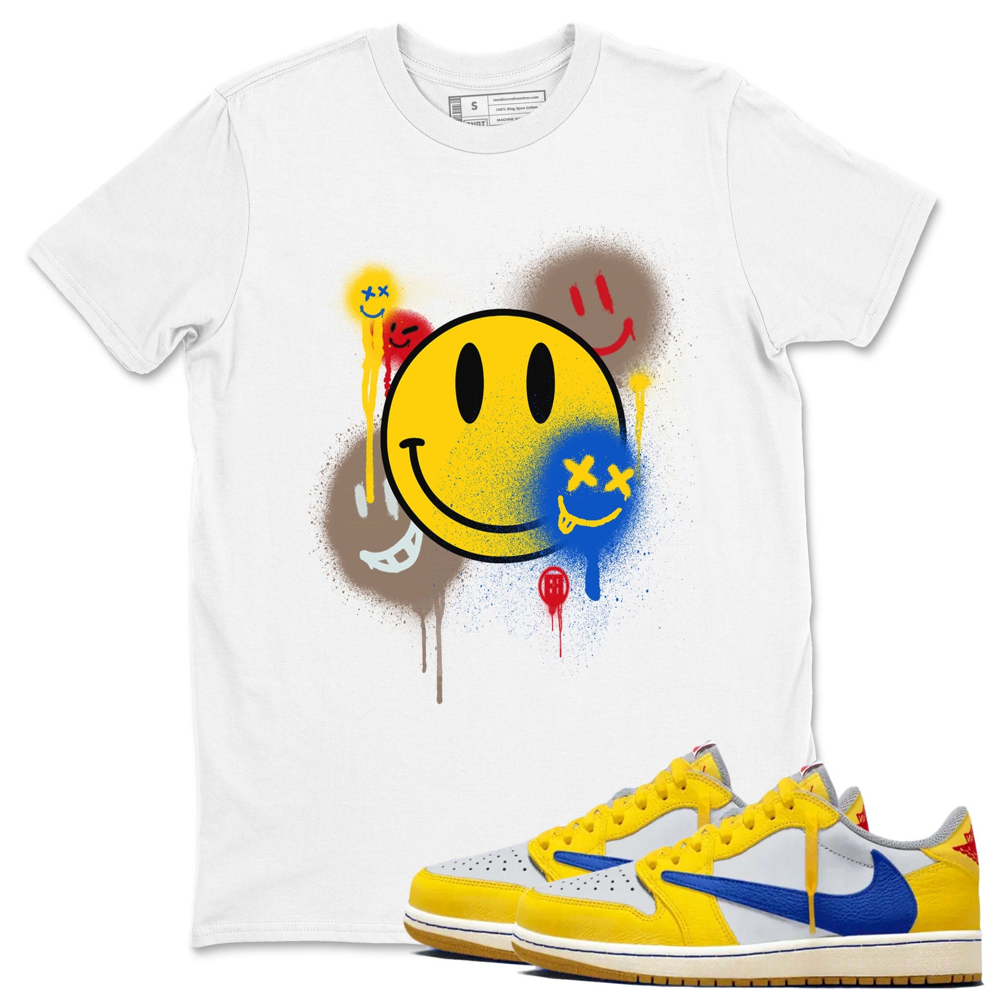 1s Travis Scott Canary shirt to match jordans Smile Painting sneaker tees Air Jordan 1 Travis Scott Canary SNRT Sneaker Release Tees unisex cotton White 1 crew neck shirt