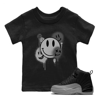 12s Black Wolf Grey shirts to match jordans Smile Painting sneaker match tees Air Jordan 12 Black Wolf Grey match shoes to clothes SNRT Sneaker Tees Youth Baby Black 1 tee