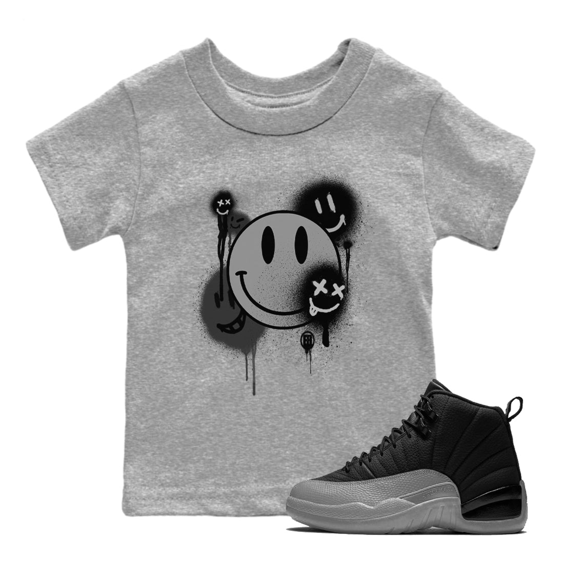 12s Black Wolf Grey shirts to match jordans Smile Painting sneaker match tees Air Jordan 12 Black Wolf Grey match shoes to clothes SNRT Sneaker Tees Youth Baby Heather Grey 1 tee