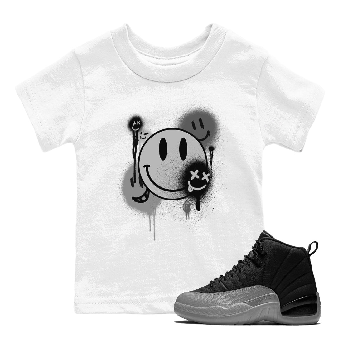 12s Black Wolf Grey shirts to match jordans Smile Painting sneaker match tees Air Jordan 12 Black Wolf Grey match shoes to clothes SNRT Sneaker Tees Youth Baby White 1 tee