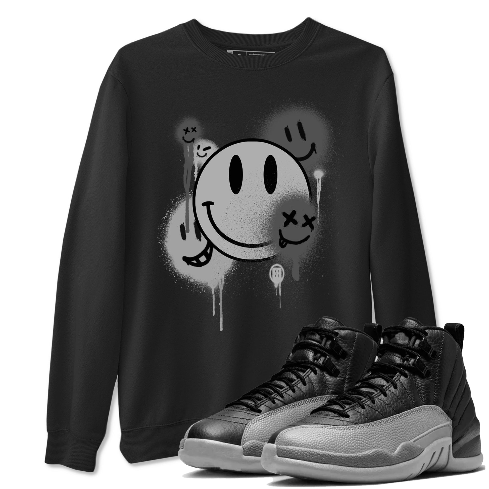 12s Black Wolf Grey shirts to match jordans Smile Painting sneaker match tees Air Jordan 12 Black Wolf Grey match shoes to clothes SNRT Sneaker Tees unisex cotton Black 1 shirts