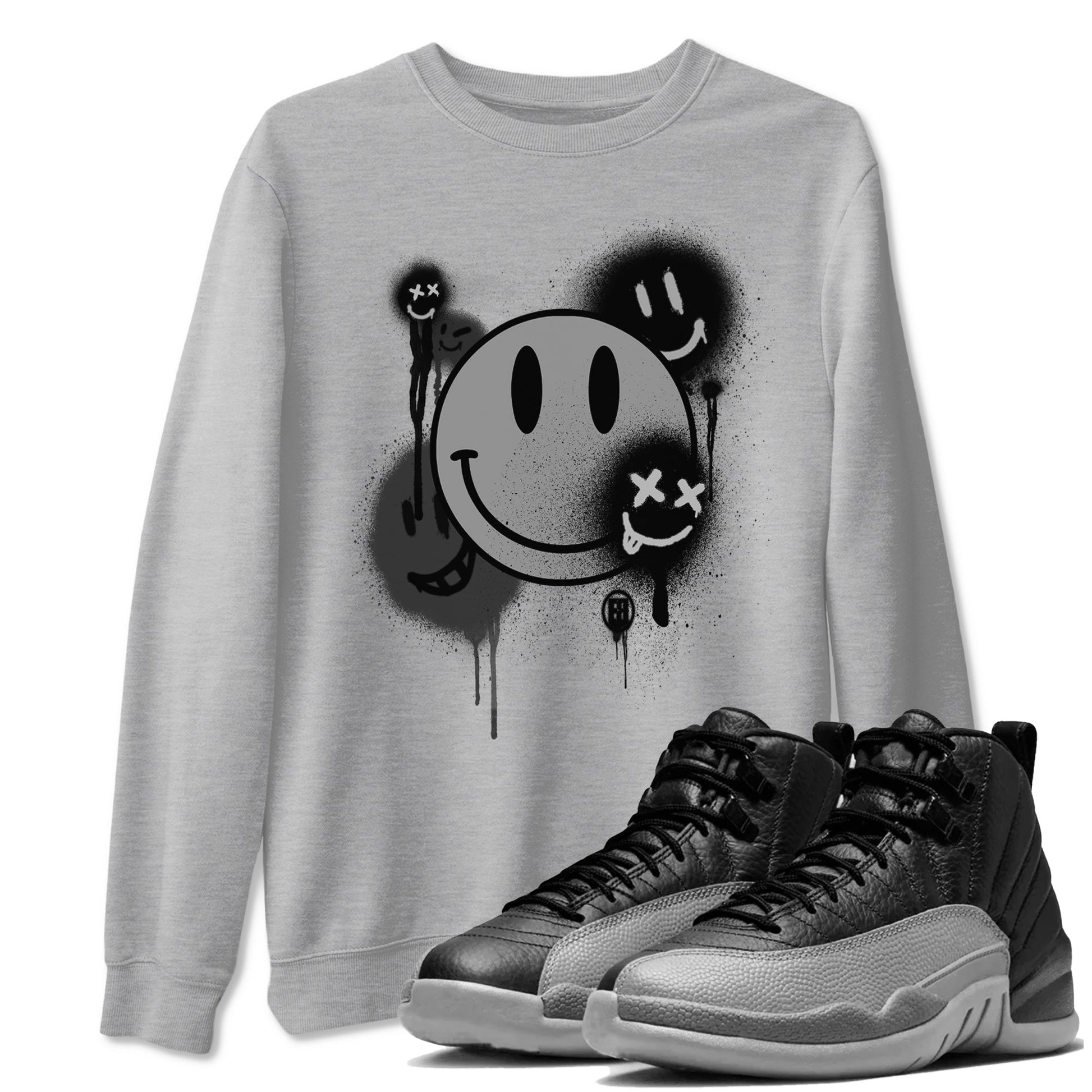 12s Black Wolf Grey shirts to match jordans Smile Painting sneaker match tees Air Jordan 12 Black Wolf Grey match shoes to clothes SNRT Sneaker Tees unisex cotton Heather Grey 1 shirts