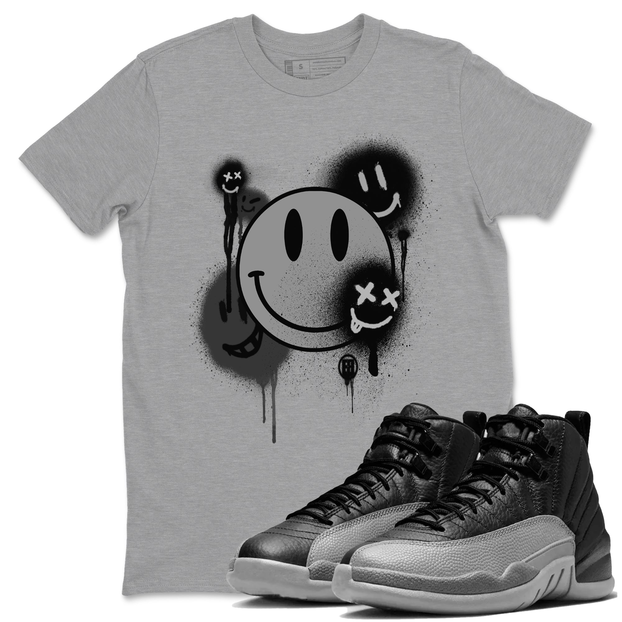 12s Black Wolf Grey shirts to match jordans Smile Painting sneaker match tees Air Jordan 12 Black Wolf Grey match shoes to clothes SNRT Sneaker Tees unisex cotton Heather Grey 1 shirts