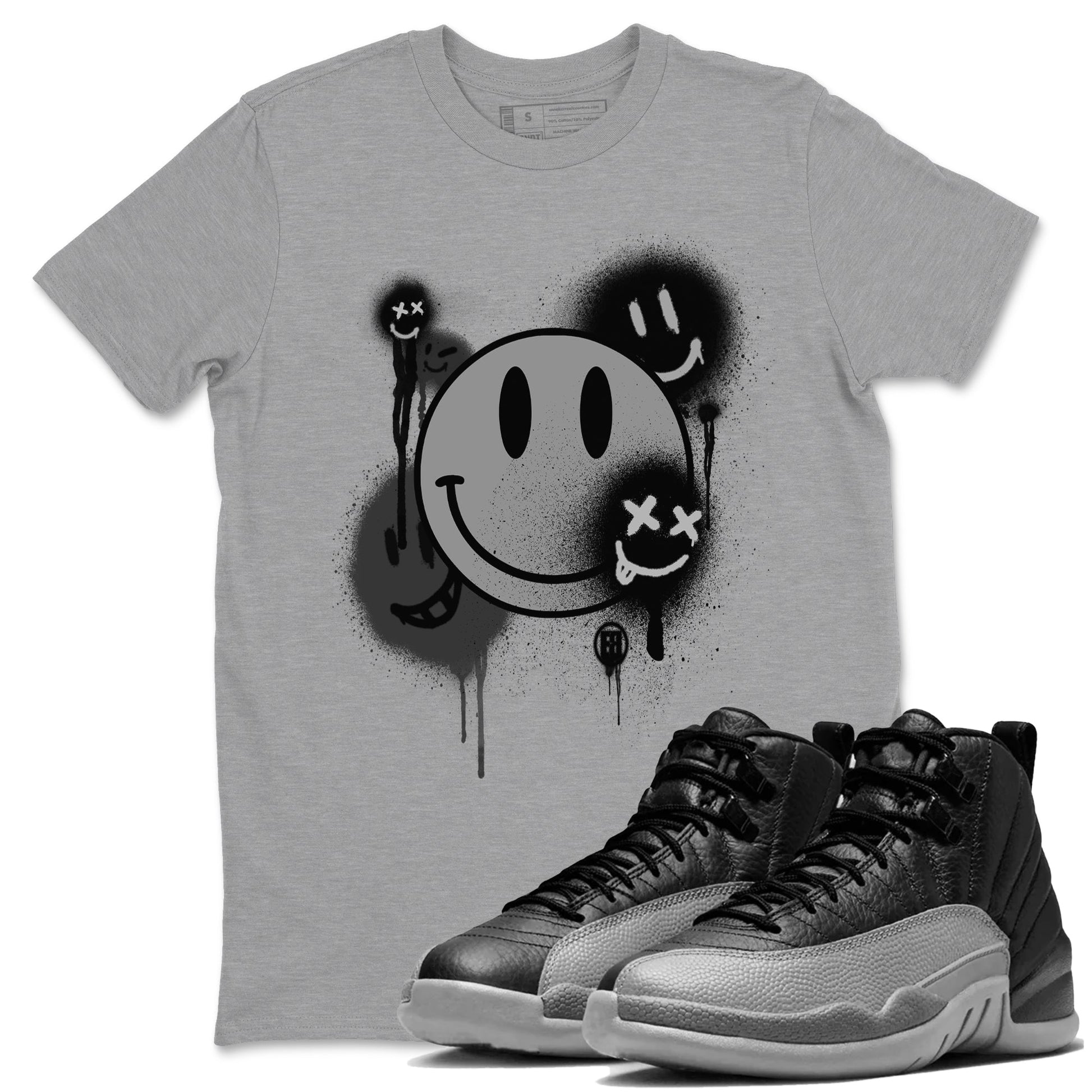 12s Black Wolf Grey shirts to match jordans Smile Painting sneaker match tees Air Jordan 12 Black Wolf Grey match shoes to clothes SNRT Sneaker Tees unisex cotton Heather Grey 1 shirts