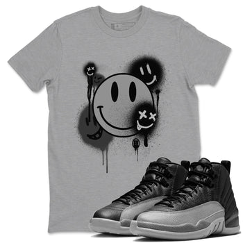 12s Black Wolf Grey shirts to match jordans Smile Painting sneaker match tees Air Jordan 12 Black Wolf Grey match shoes to clothes SNRT Sneaker Tees unisex cotton Heather Grey 1 shirts
