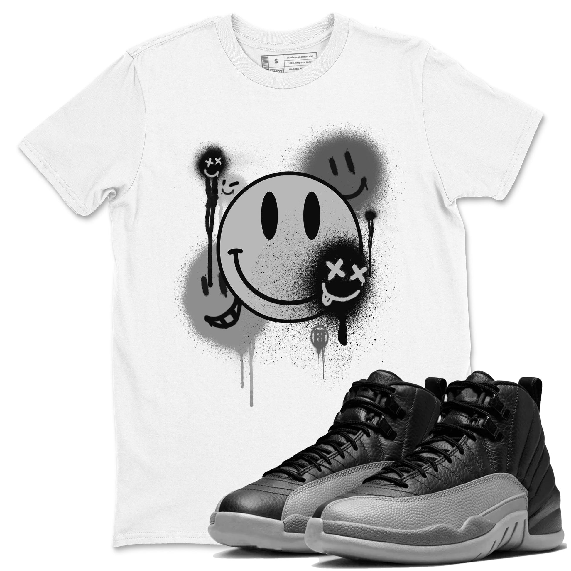 12s Black Wolf Grey shirts to match jordans Smile Painting sneaker match tees Air Jordan 12 Black Wolf Grey match shoes to clothes SNRT Sneaker Tees unisex cotton White 1 shirts